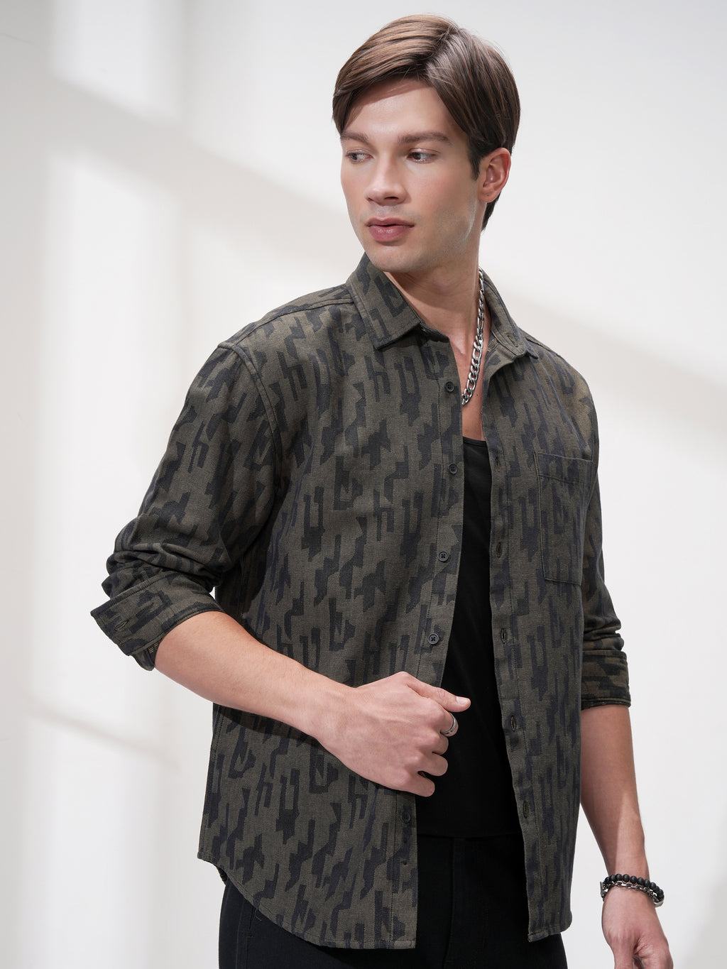 Highlander Men Olive Printed Relaxed Fit Casual Shirt - Olive - Image 6