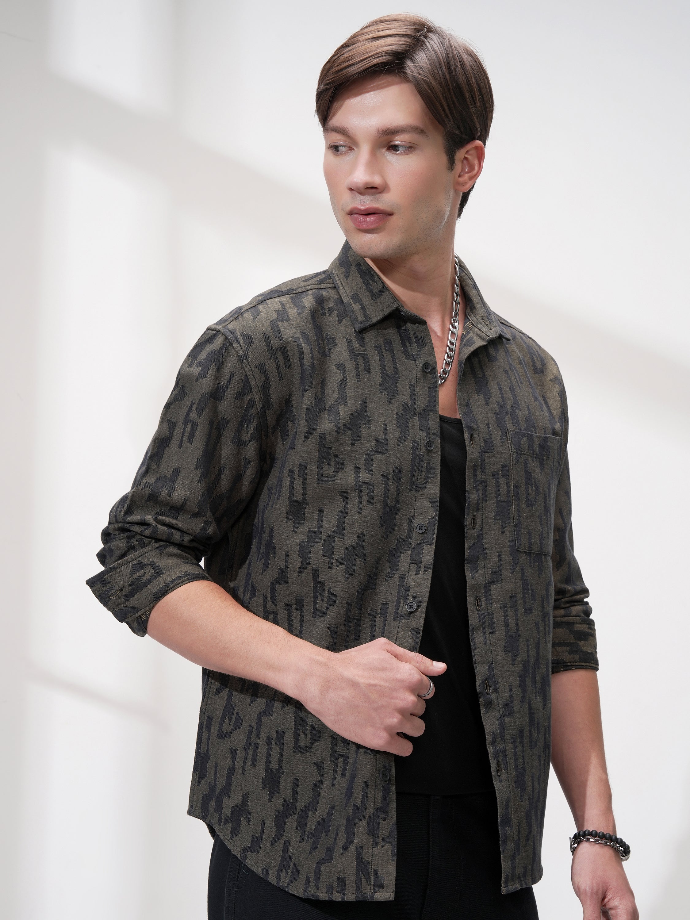 Highlander Men Olive Printed Relaxed Fit Casual Shirt - Olive - Image 6