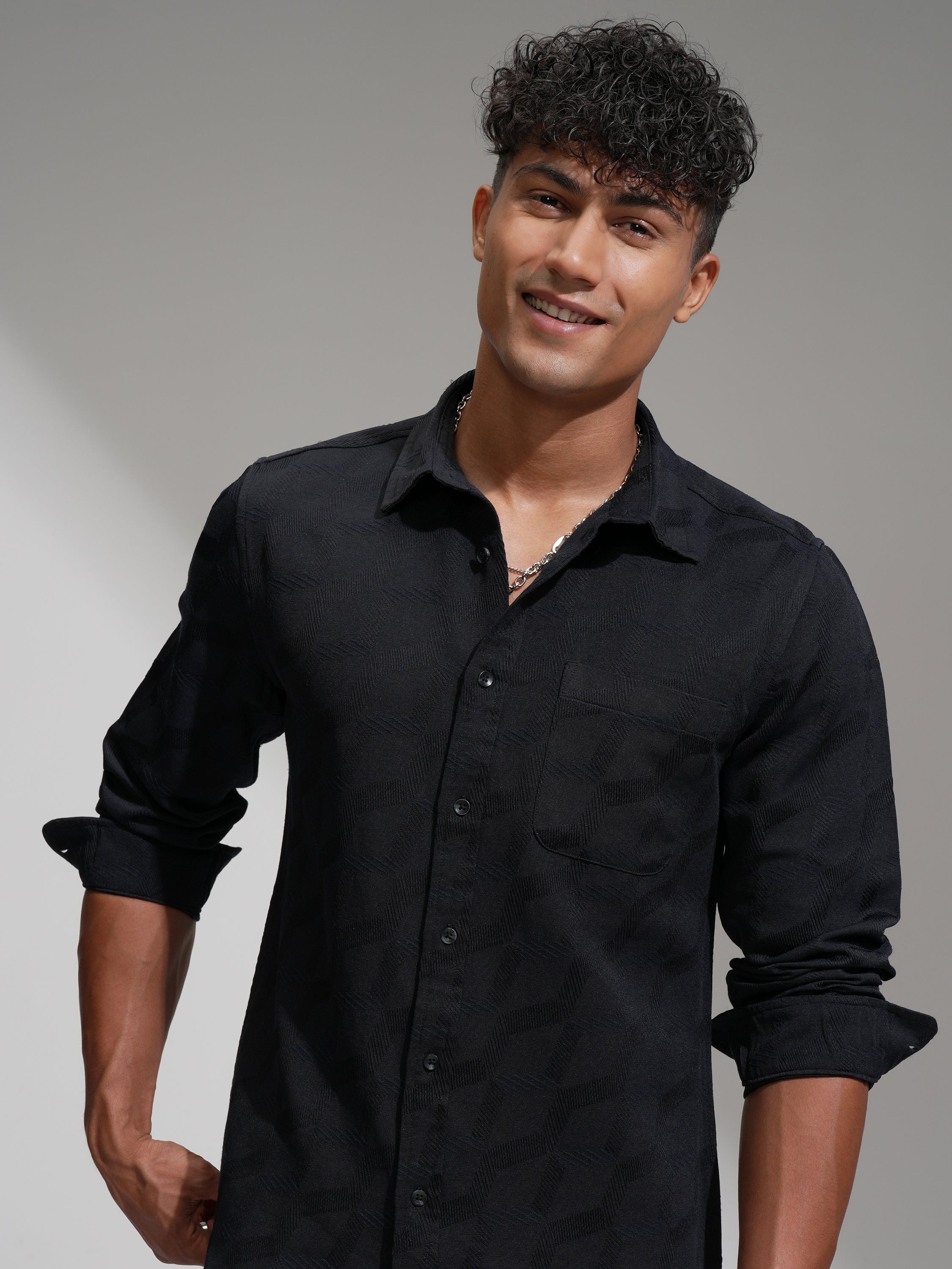 Highlander Men Black Slim Fit Self Design Casual Shirt - Black - Image 1
