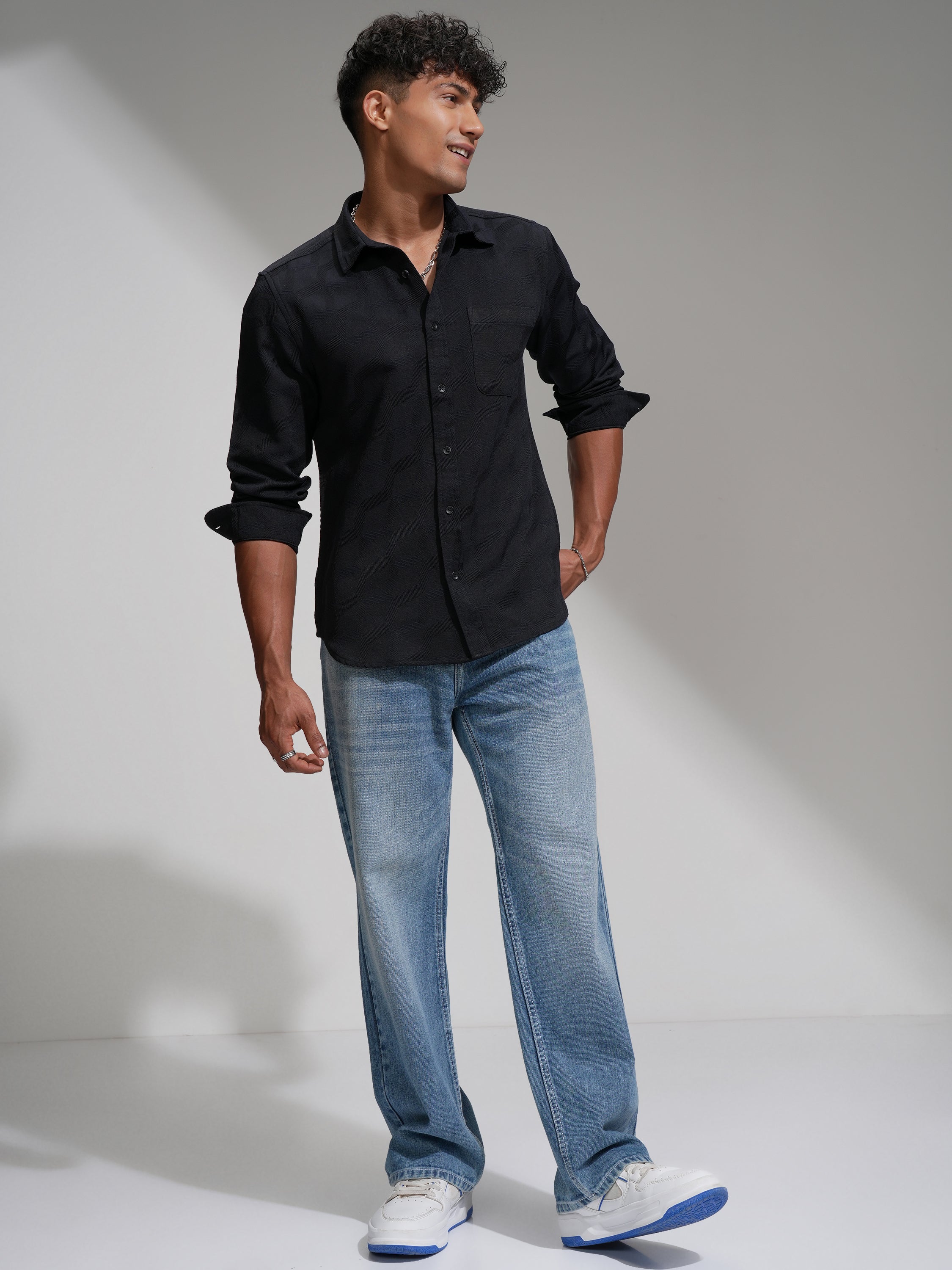 Highlander Men Black Slim Fit Self Design Casual Shirt - Black - Image 2