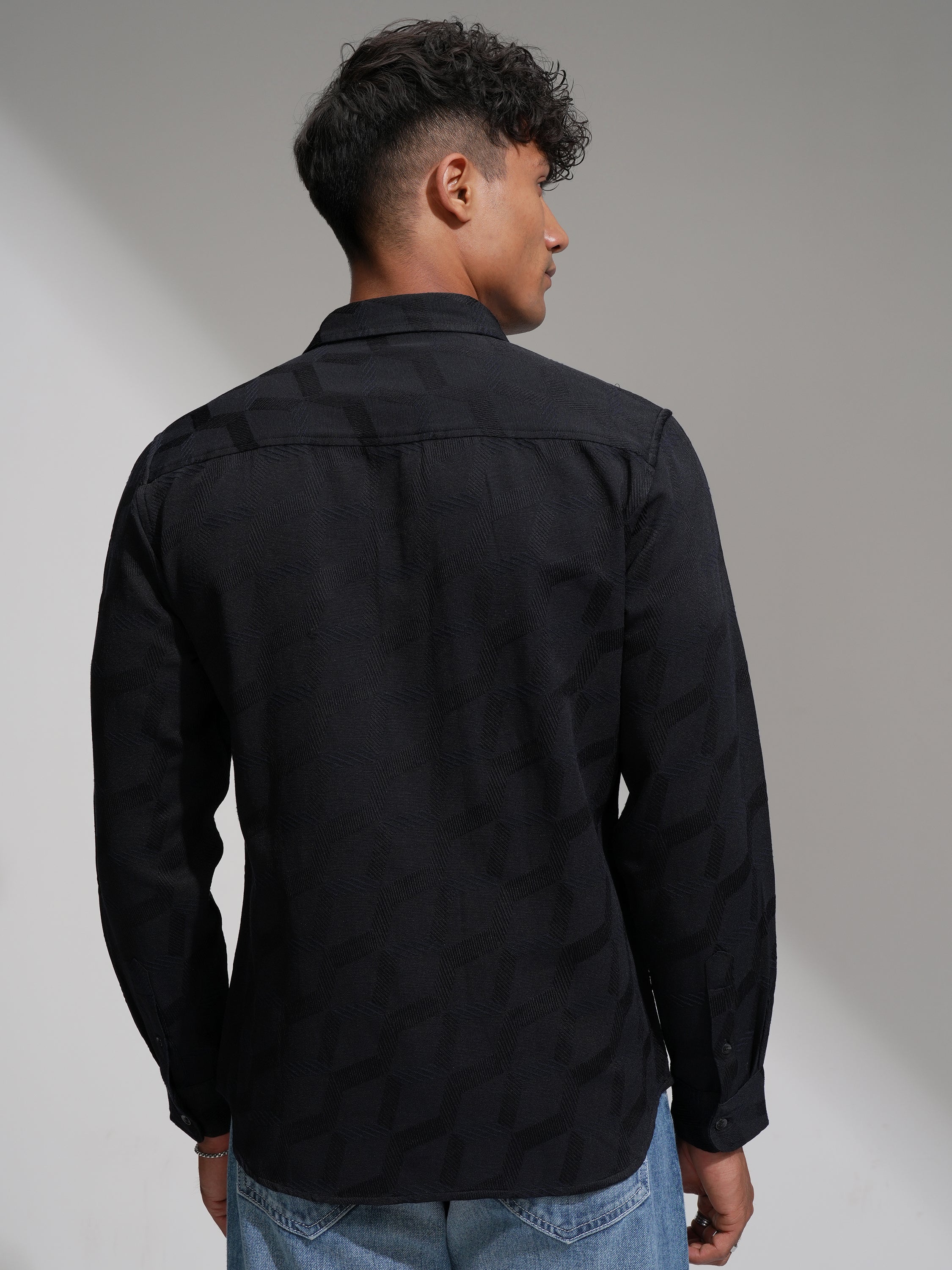 Highlander Men Black Slim Fit Self Design Casual Shirt - Black - Image 3