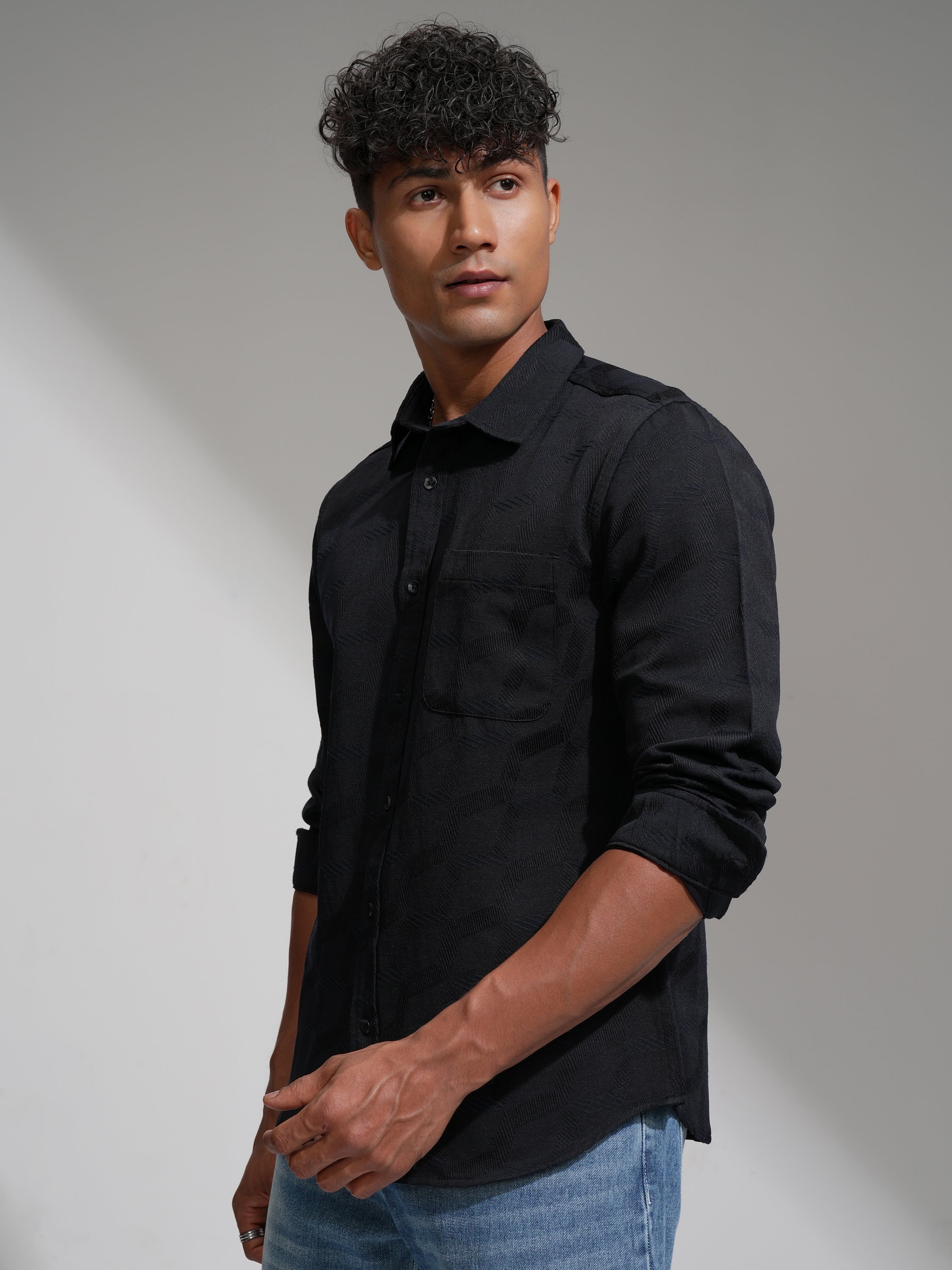 Highlander Men Black Slim Fit Self Design Casual Shirt - Black - Image 4