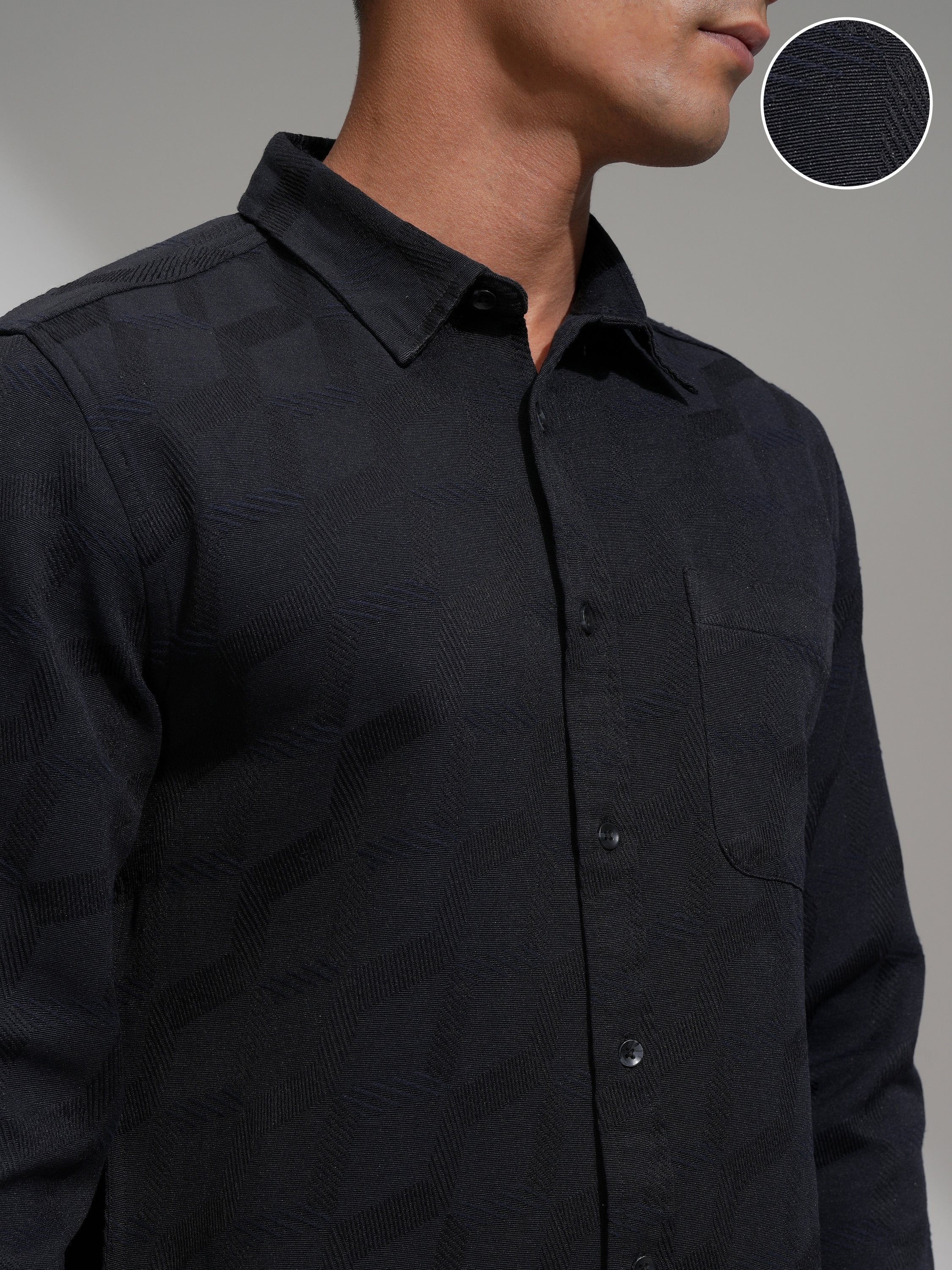 Highlander Men Black Slim Fit Self Design Casual Shirt - Black - Image 5