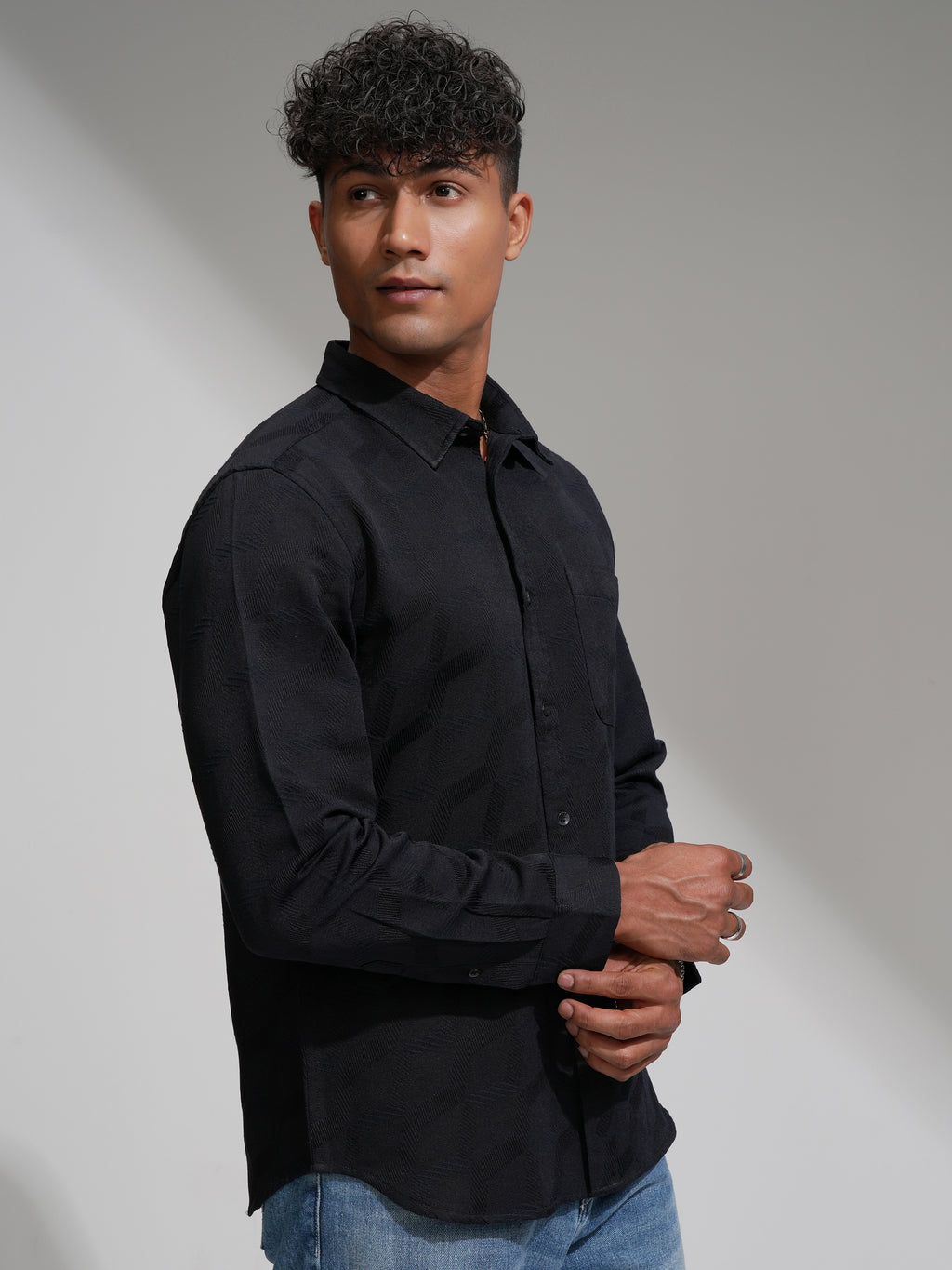 Highlander Men Black Slim Fit Self Design Casual Shirt - Black - Image 6