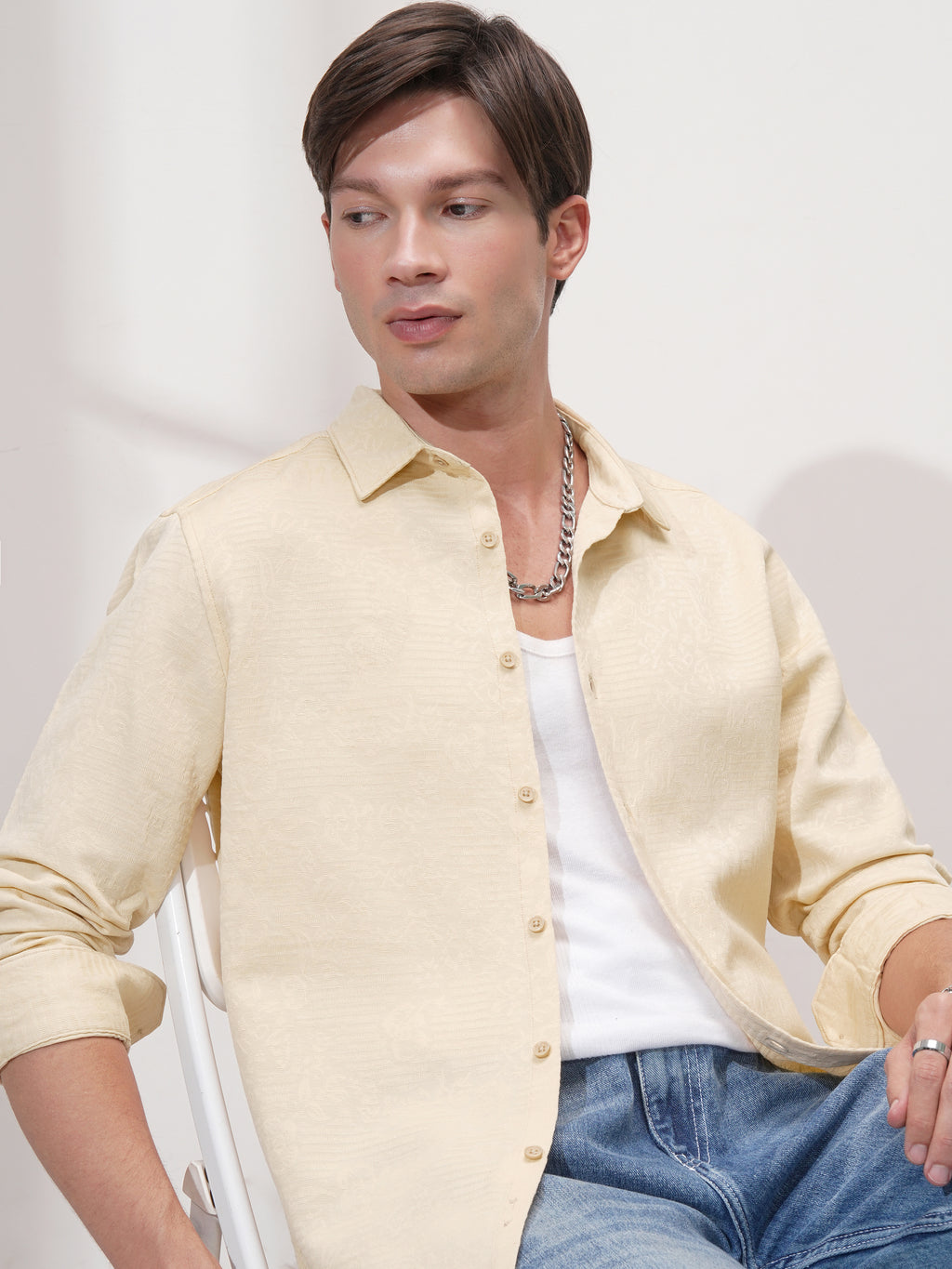 Highlander Men Beige Self Design Slim Fit Casual Shirt - Beige - Image 1