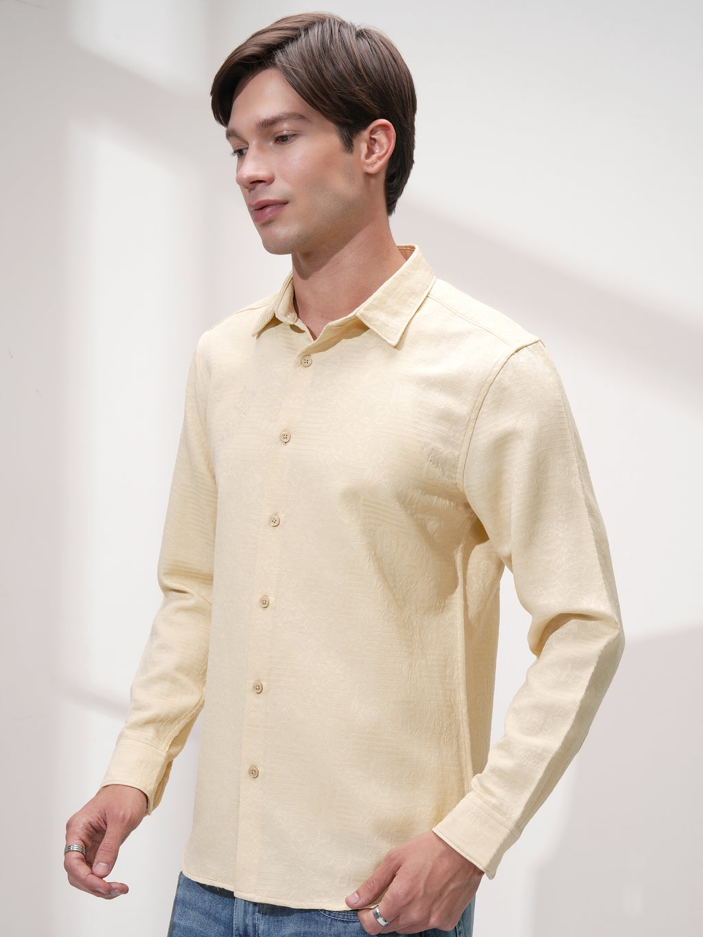 Highlander Men Beige Self Design Slim Fit Casual Shirt - Beige - Image 4