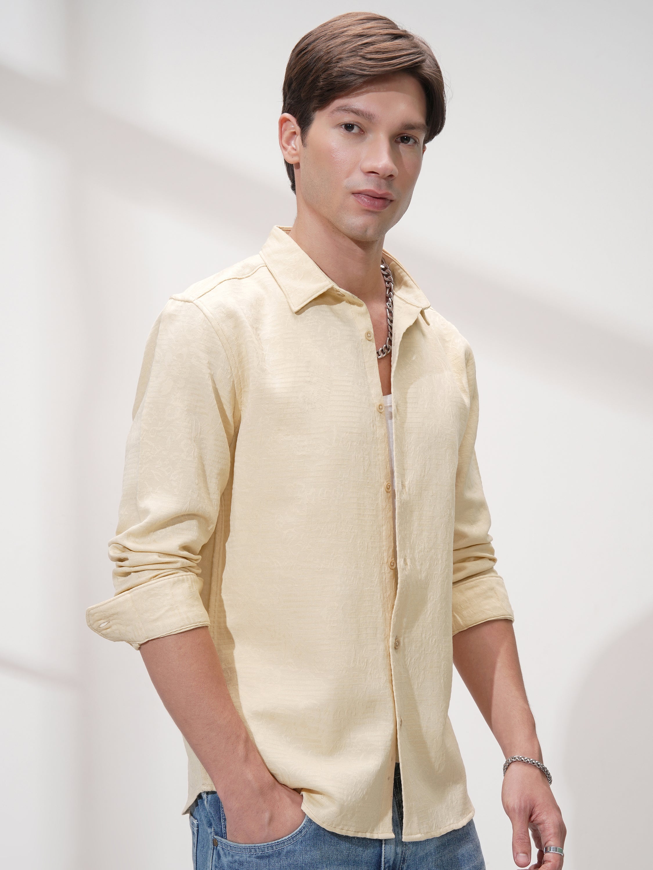 Highlander Men Beige Self Design Slim Fit Casual Shirt - Beige - Image 6