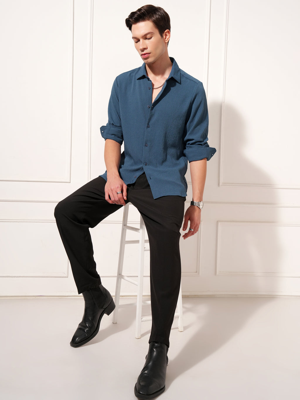 Highlander Men Navy Blue Self Design Slim Fit Casual Shirt - Navy Blue - Image 2