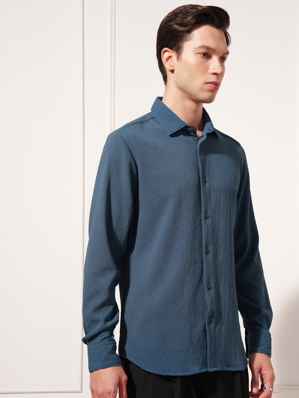 Highlander Men Navy Blue Self Design Slim Fit Casual Shirt - Navy Blue - Image 6