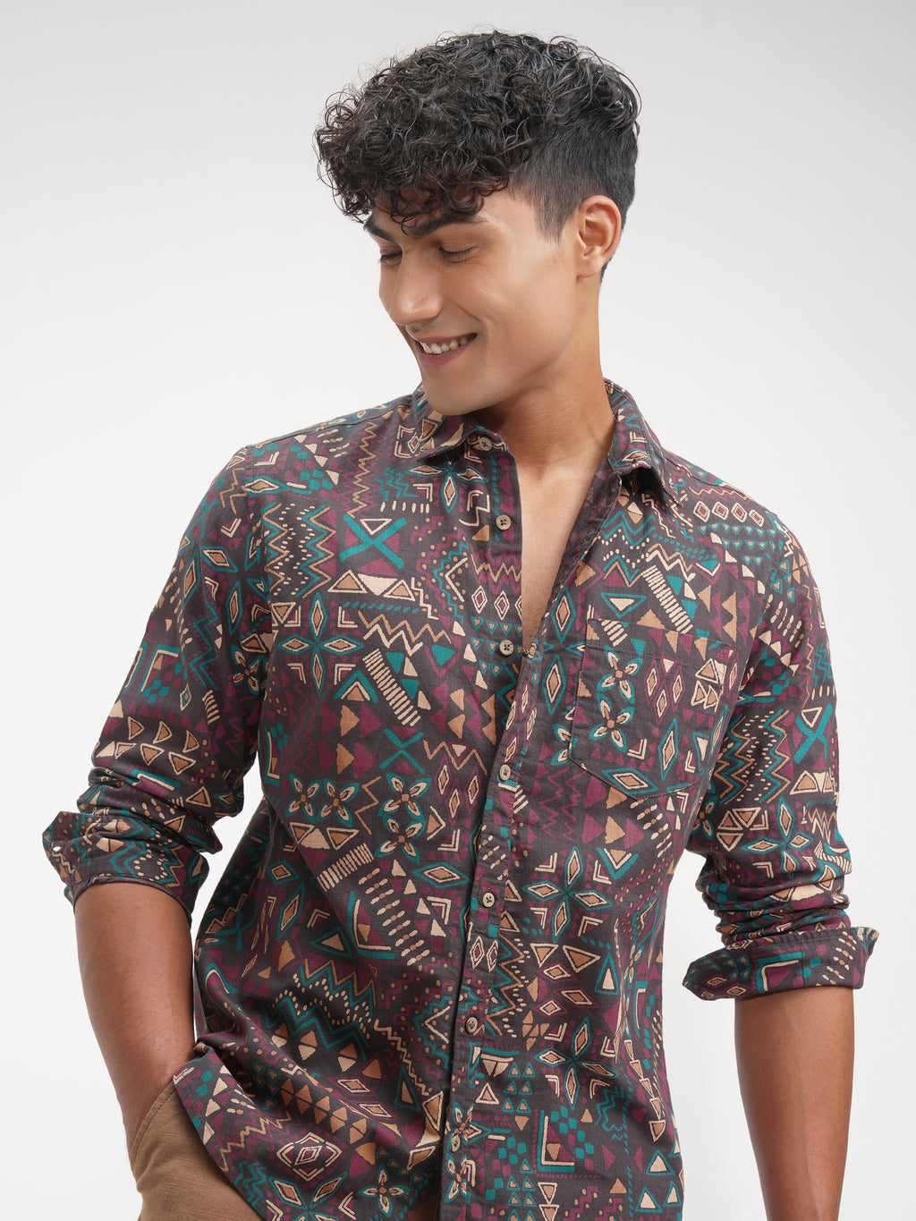 Highlander Men Brown Printed Slim Fit Casual Shirt - Brown - Image 1