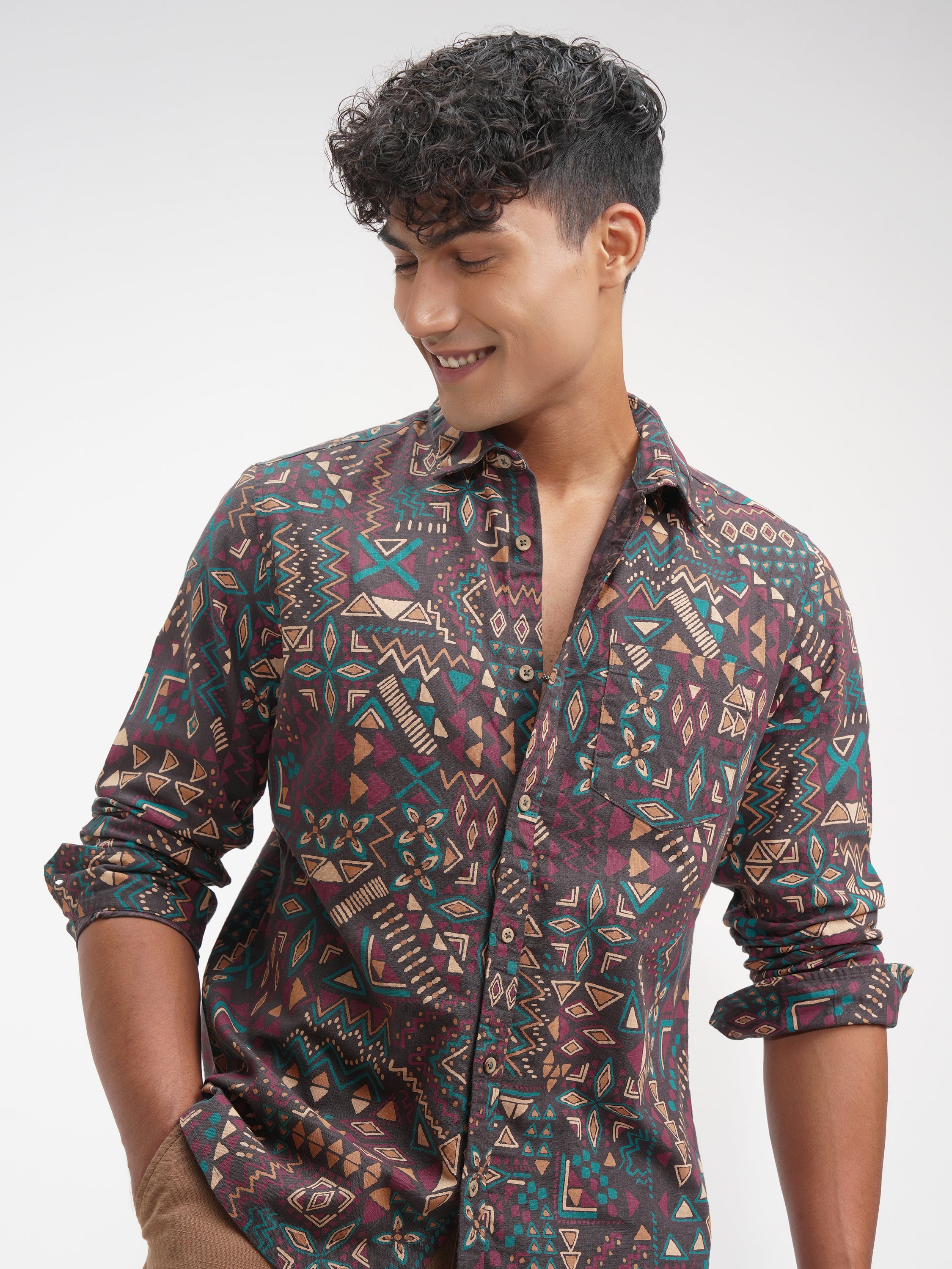 Highlander Men Brown Printed Slim Fit Casual Shirt - Brown - Image 1