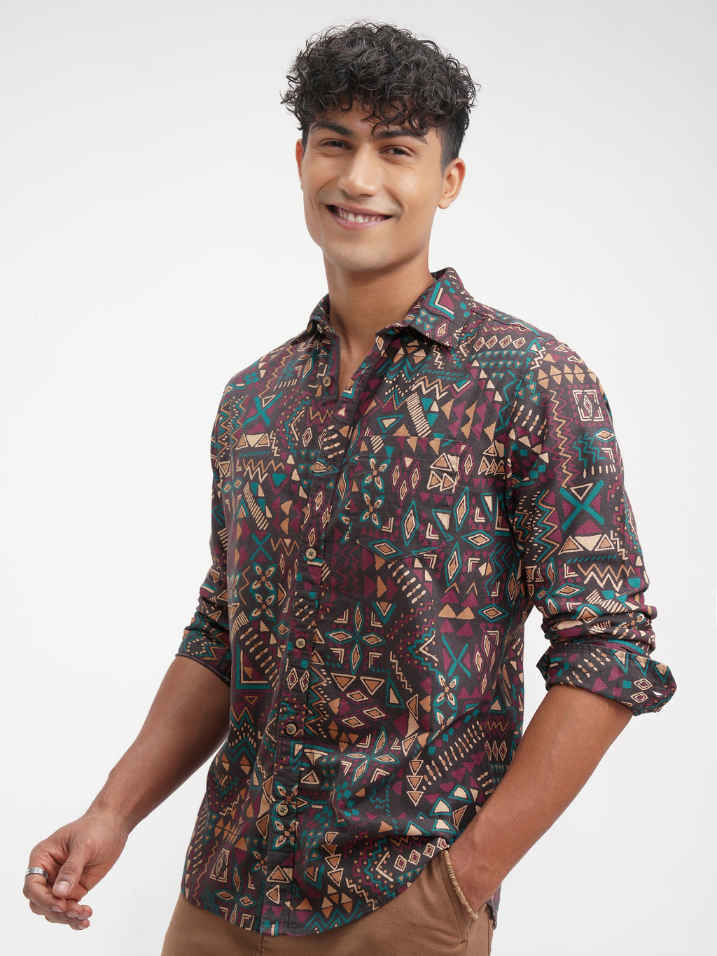 Highlander Men Brown Printed Slim Fit Casual Shirt - Brown - Image 4
