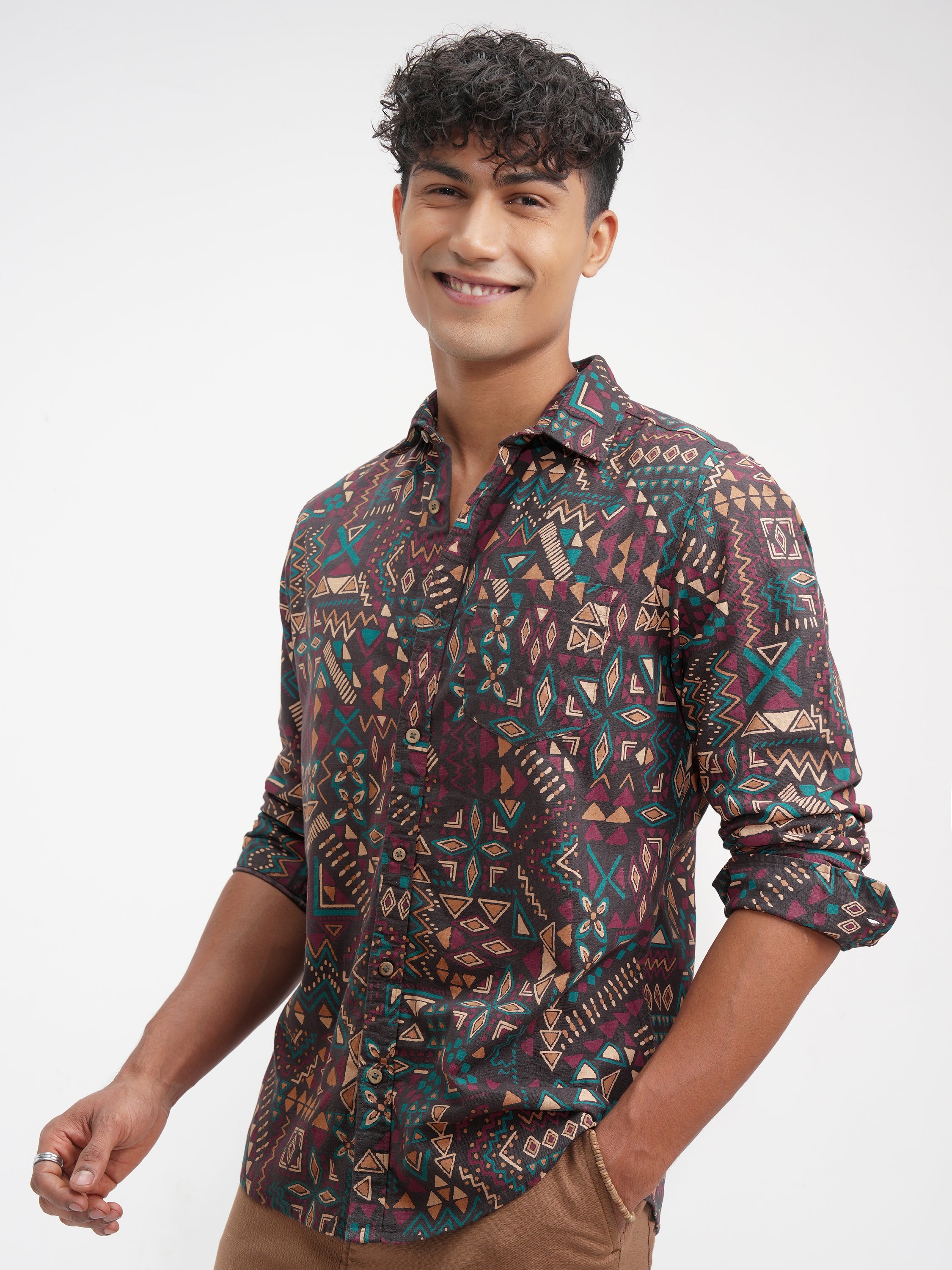 Highlander Men Brown Printed Slim Fit Casual Shirt - Brown - Image 4