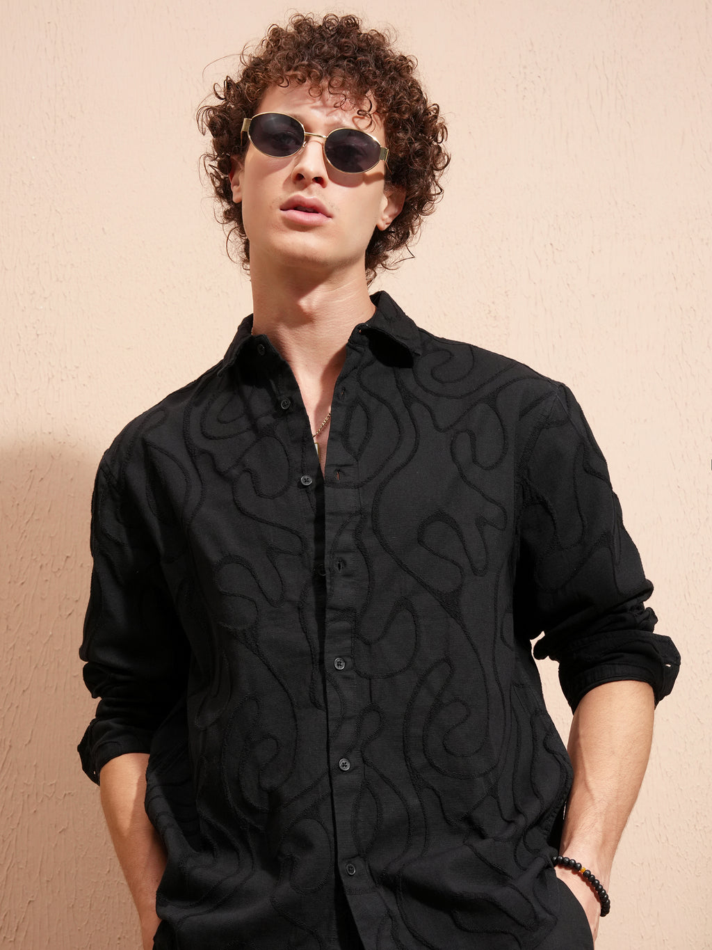 Highlander Men Black Self Design Relaxed Fit Casual Shirt - Black - Image 1