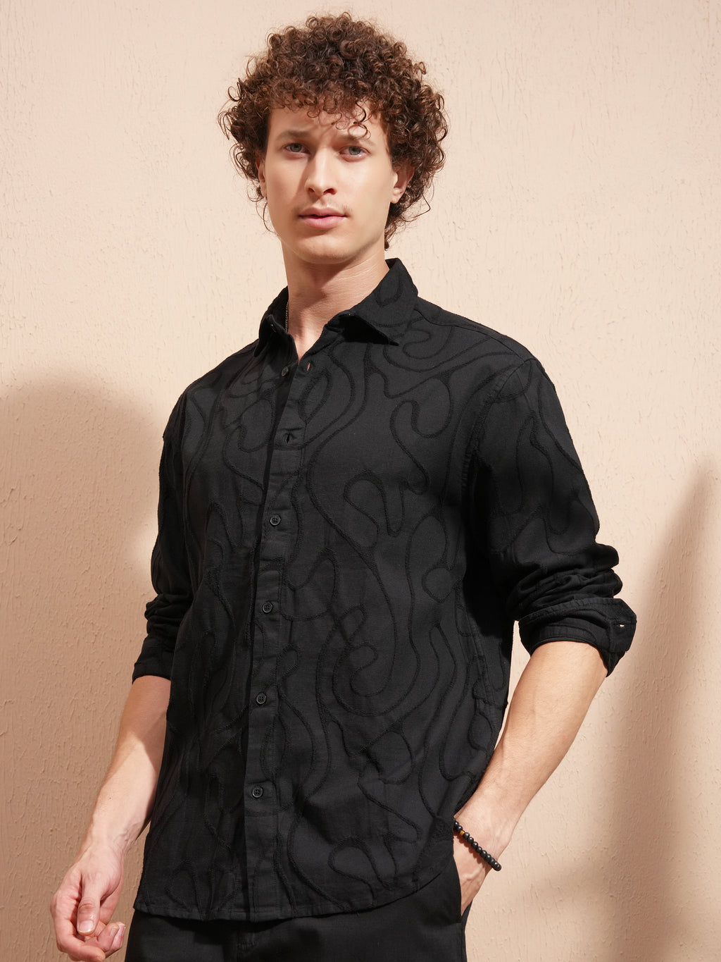 Highlander Men Black Self Design Relaxed Fit Casual Shirt - Black - Image 4
