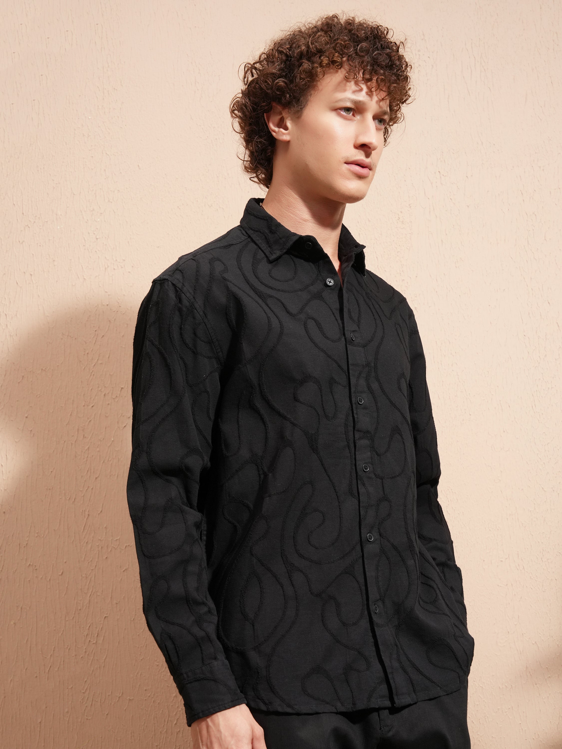 Highlander Men Black Self Design Relaxed Fit Casual Shirt - Black - Image 6
