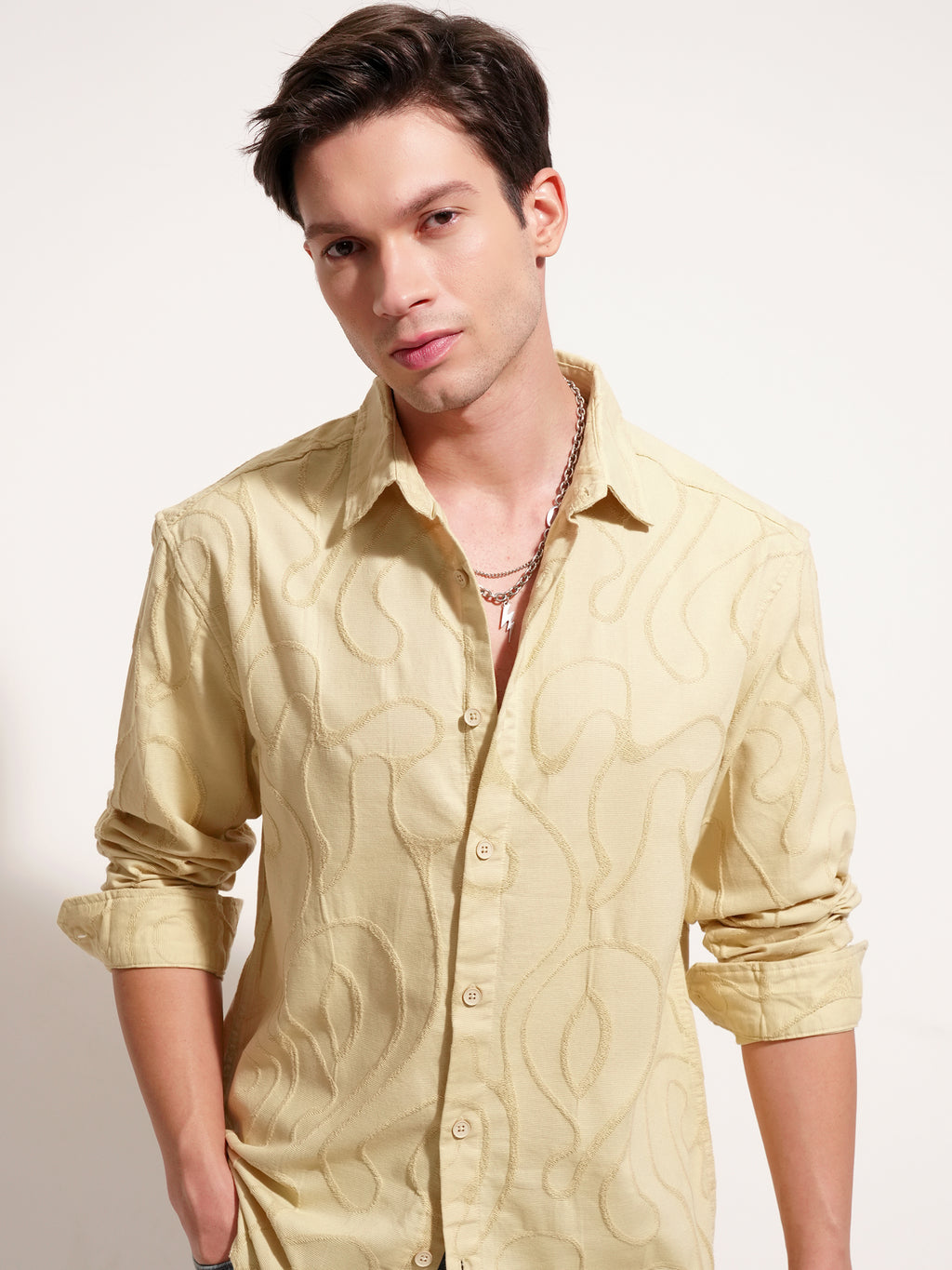 Highlander Men Mustard Self Design Relaxed Fit Casual Shirt - Mustard - Image 1