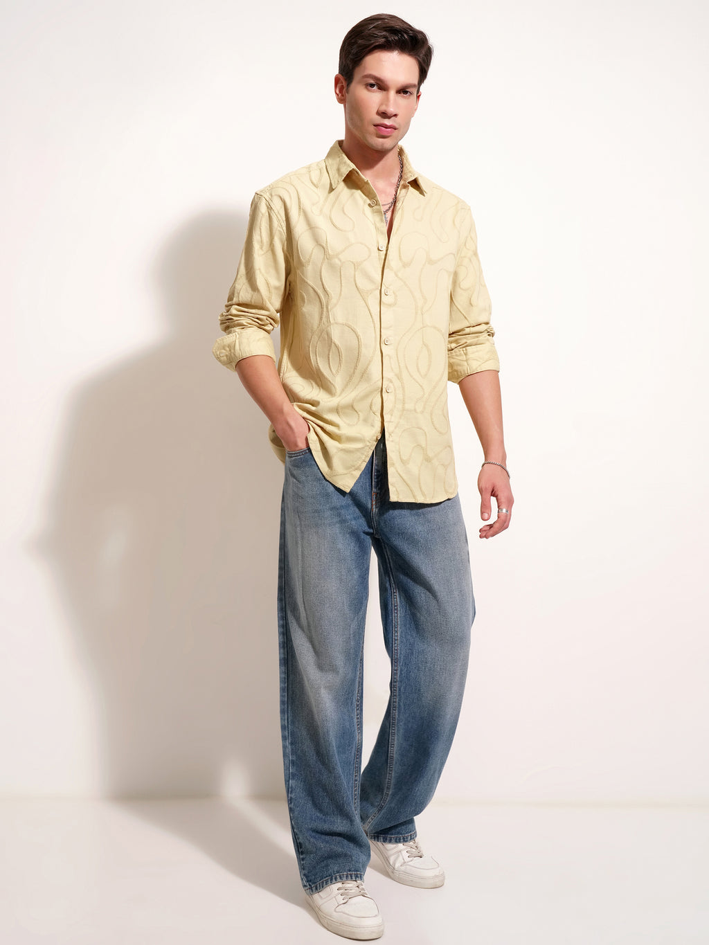 Highlander Men Mustard Self Design Relaxed Fit Casual Shirt - Mustard - Image 2