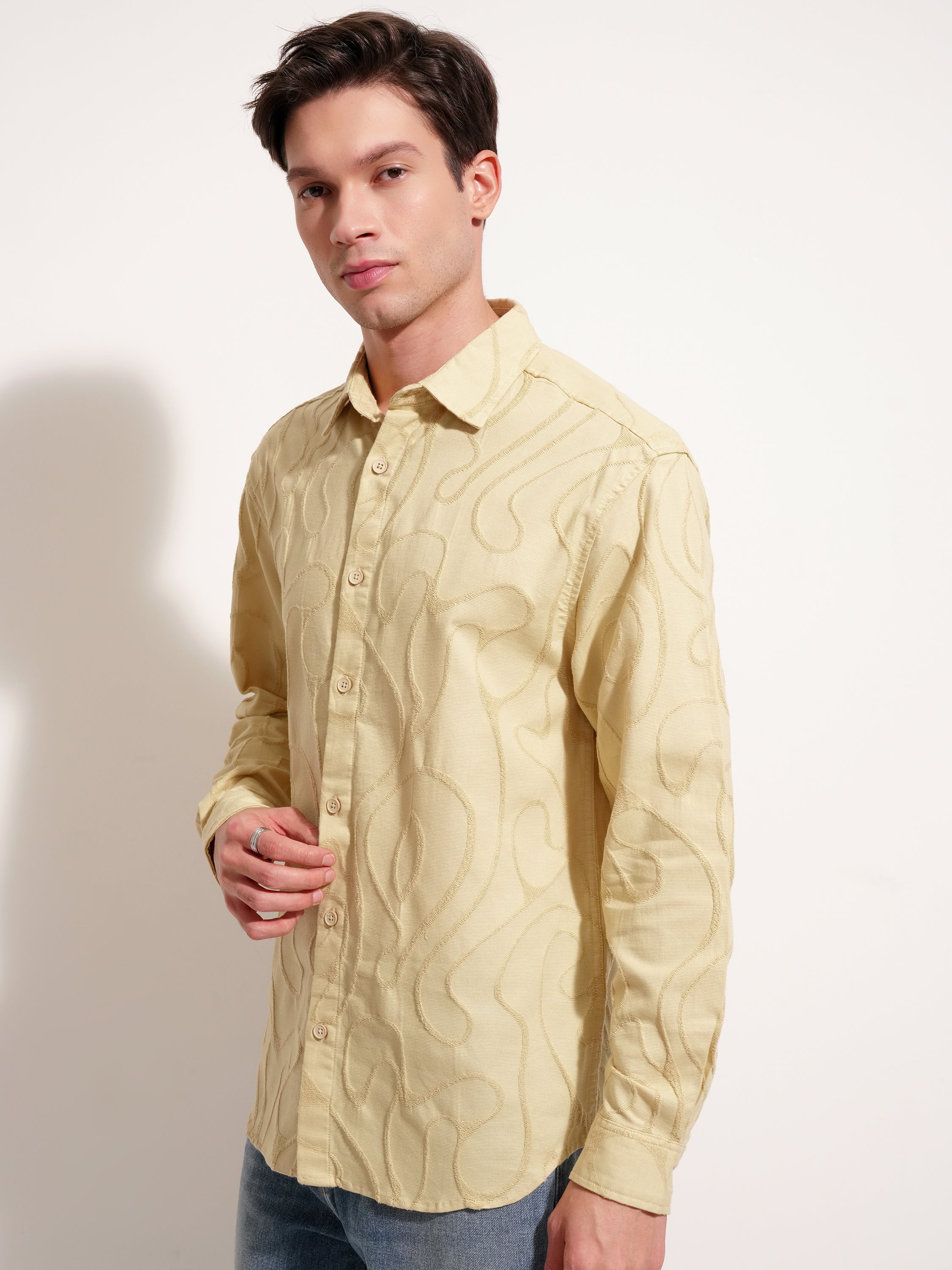 Highlander Men Mustard Self Design Relaxed Fit Casual Shirt - Mustard - Image 4