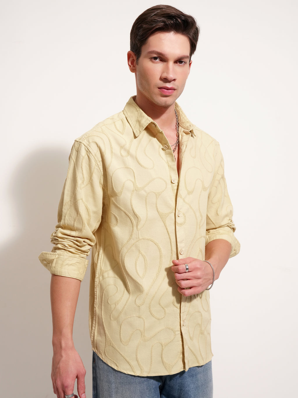 Highlander Men Mustard Self Design Relaxed Fit Casual Shirt - Mustard - Image 6