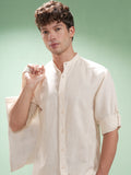Highlander Men Cream Self Design Relaxed Fit Casual Shirt - Cream - Image 1