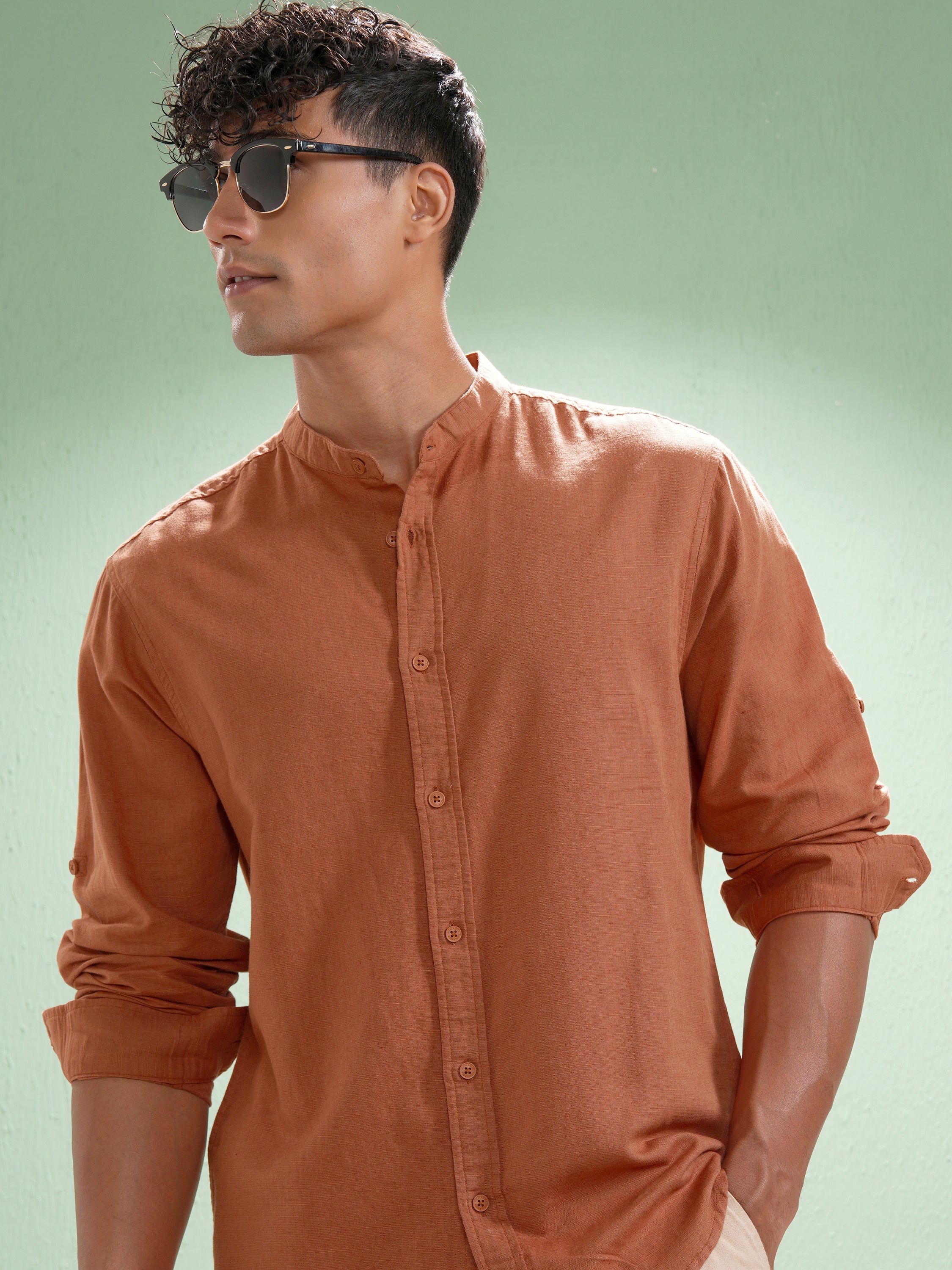 Highlander Men Rust Self Design Relaxed Fit Casual Shirt - Rust - Image 1