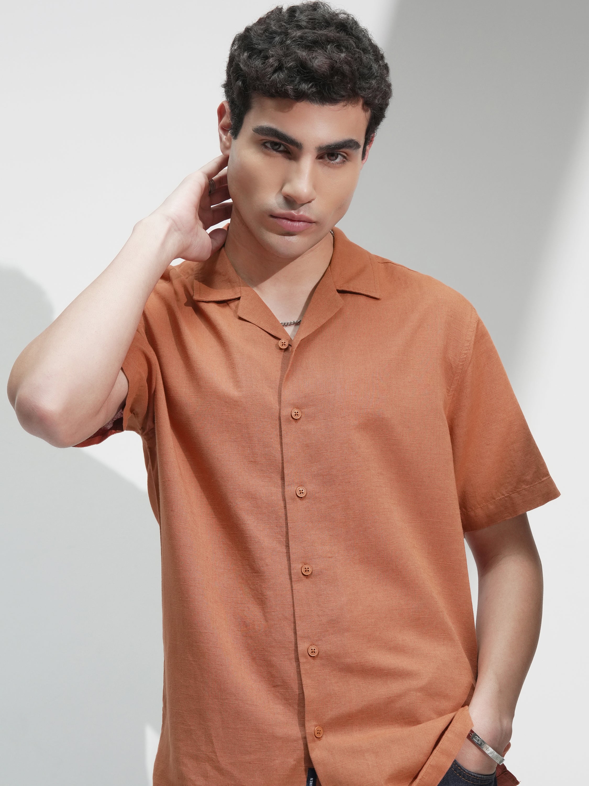 Highlander Men Rust Self Design Relaxed Fit Casual Shirt - Rust - Image 1