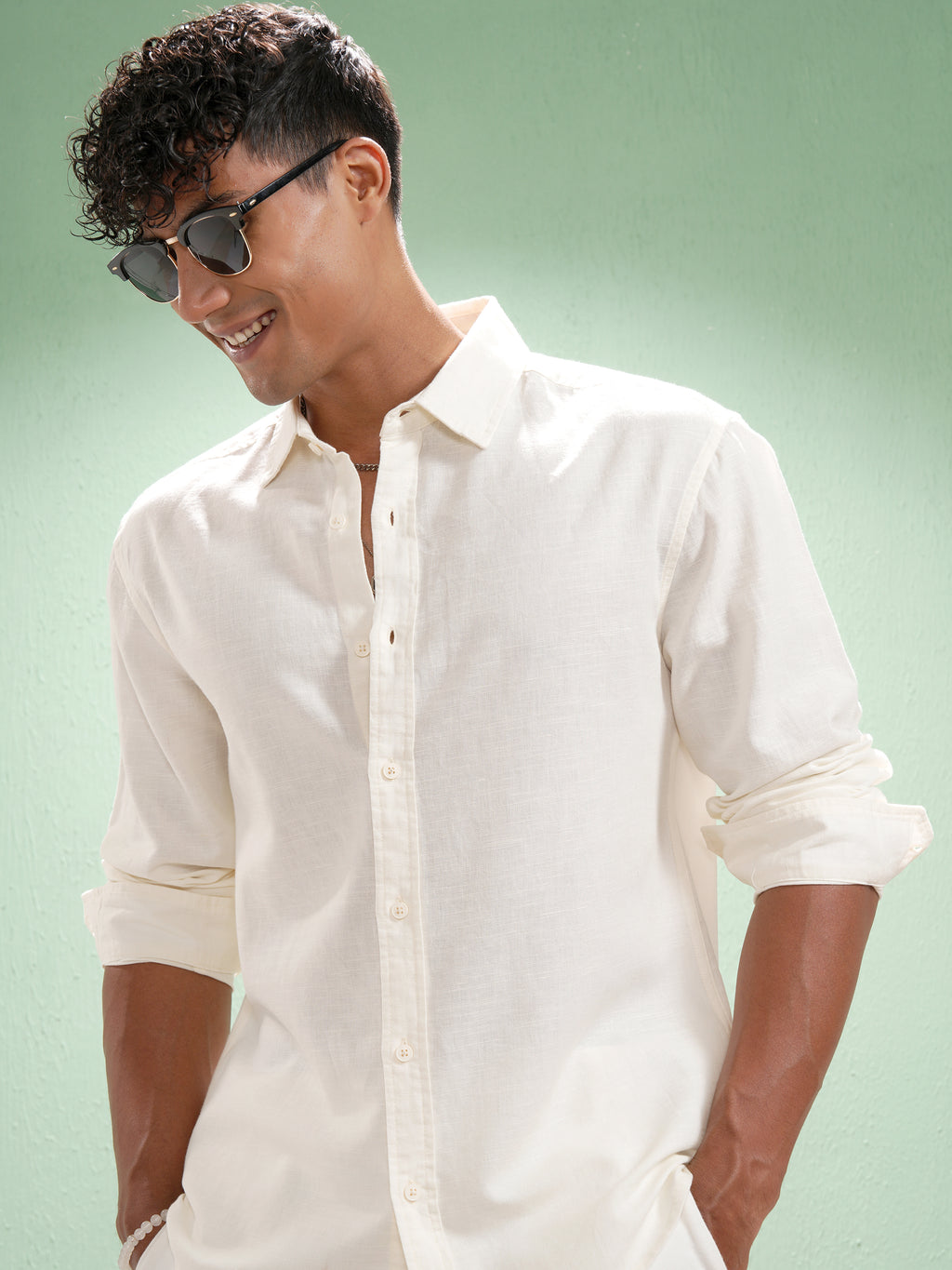 Highlander Men Off White Self Design Relaxed Fit Casual Shirt - Off White - Image 1