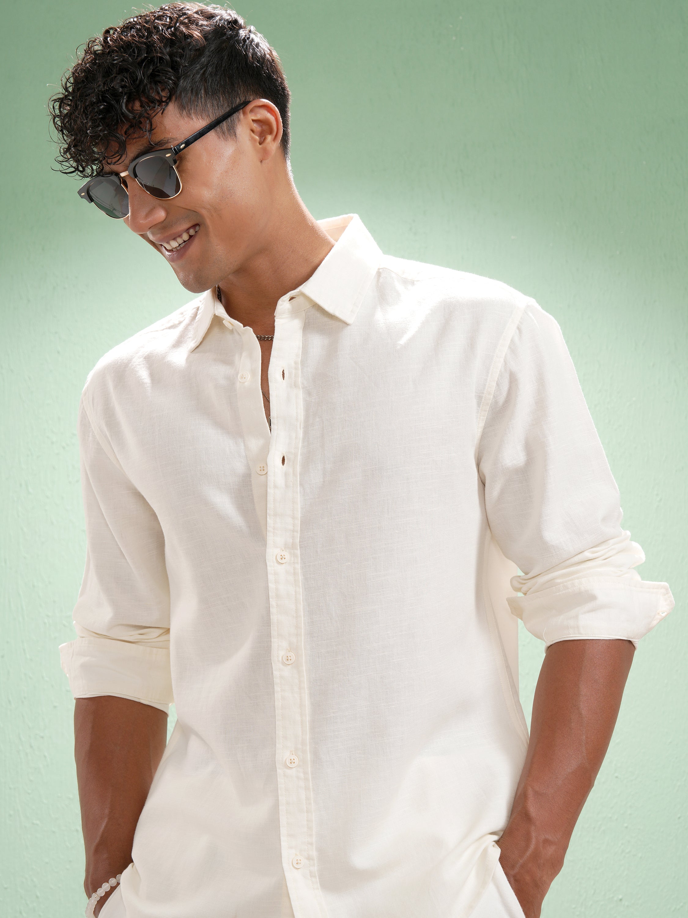 Highlander Men Off White Self Design Relaxed Fit Casual Shirt - Off White - Image 1