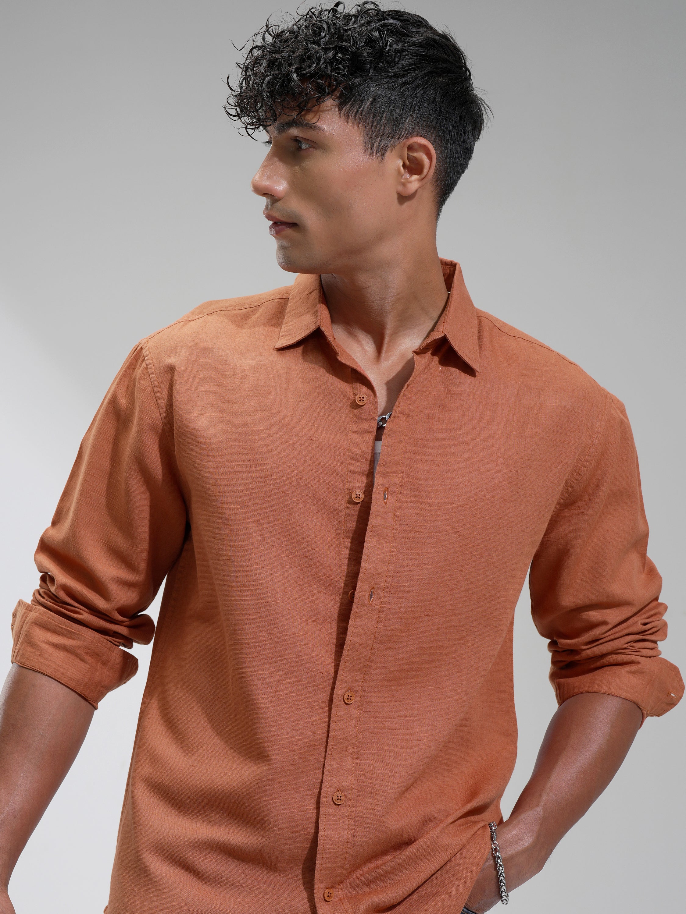Highlander Men Rust Self Design Relaxed Fit Casual Shirt - Rust - Image 1