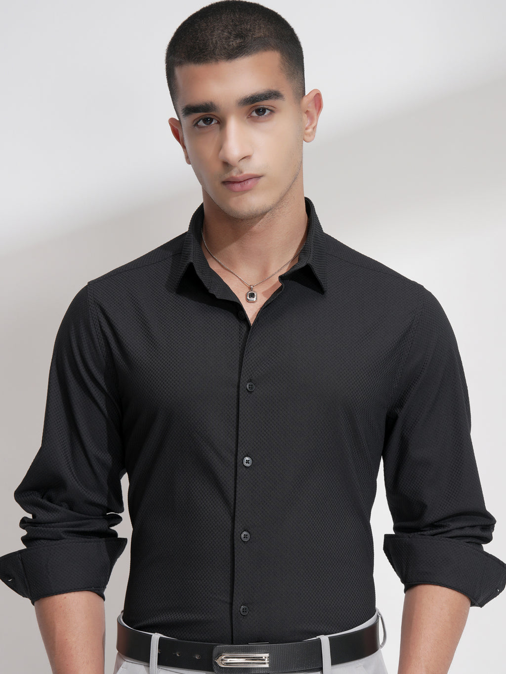Highlander Men Black Self Design Slim Fit Casual Shirt - Black - Image 1