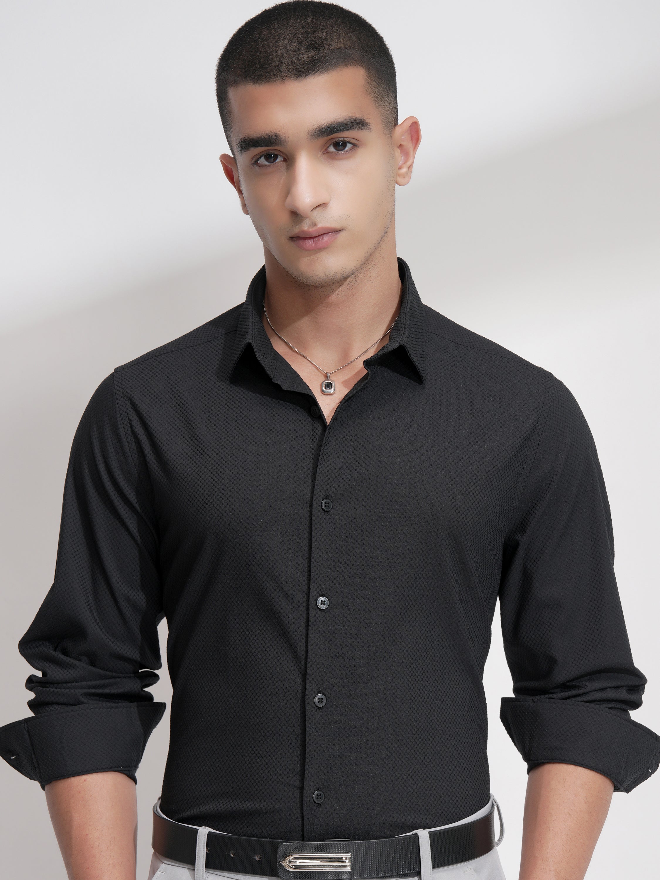 Highlander Men Black Self Design Slim Fit Casual Shirt - Black - Image 1