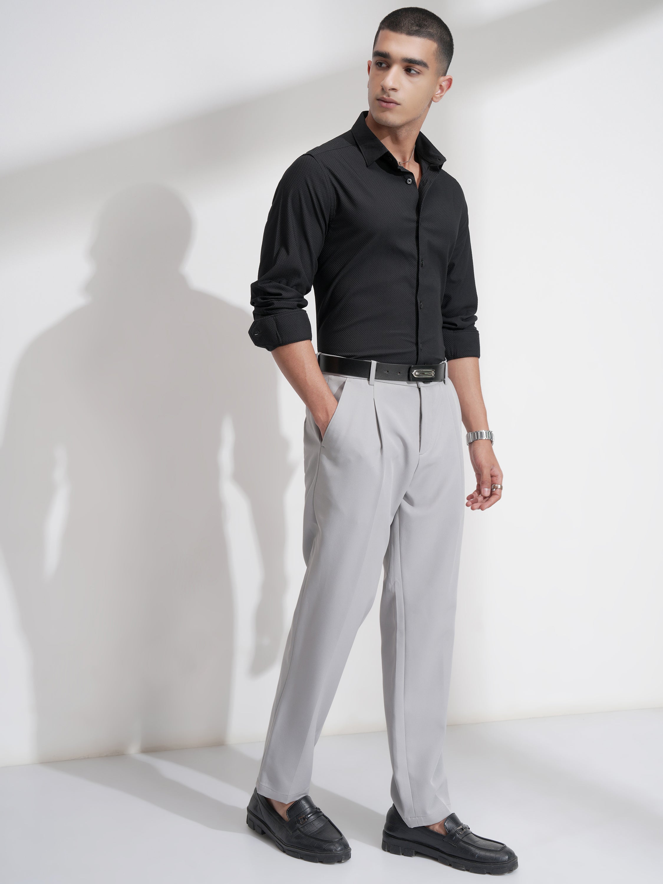 Highlander Men Black Self Design Slim Fit Casual Shirt - Black - Image 2