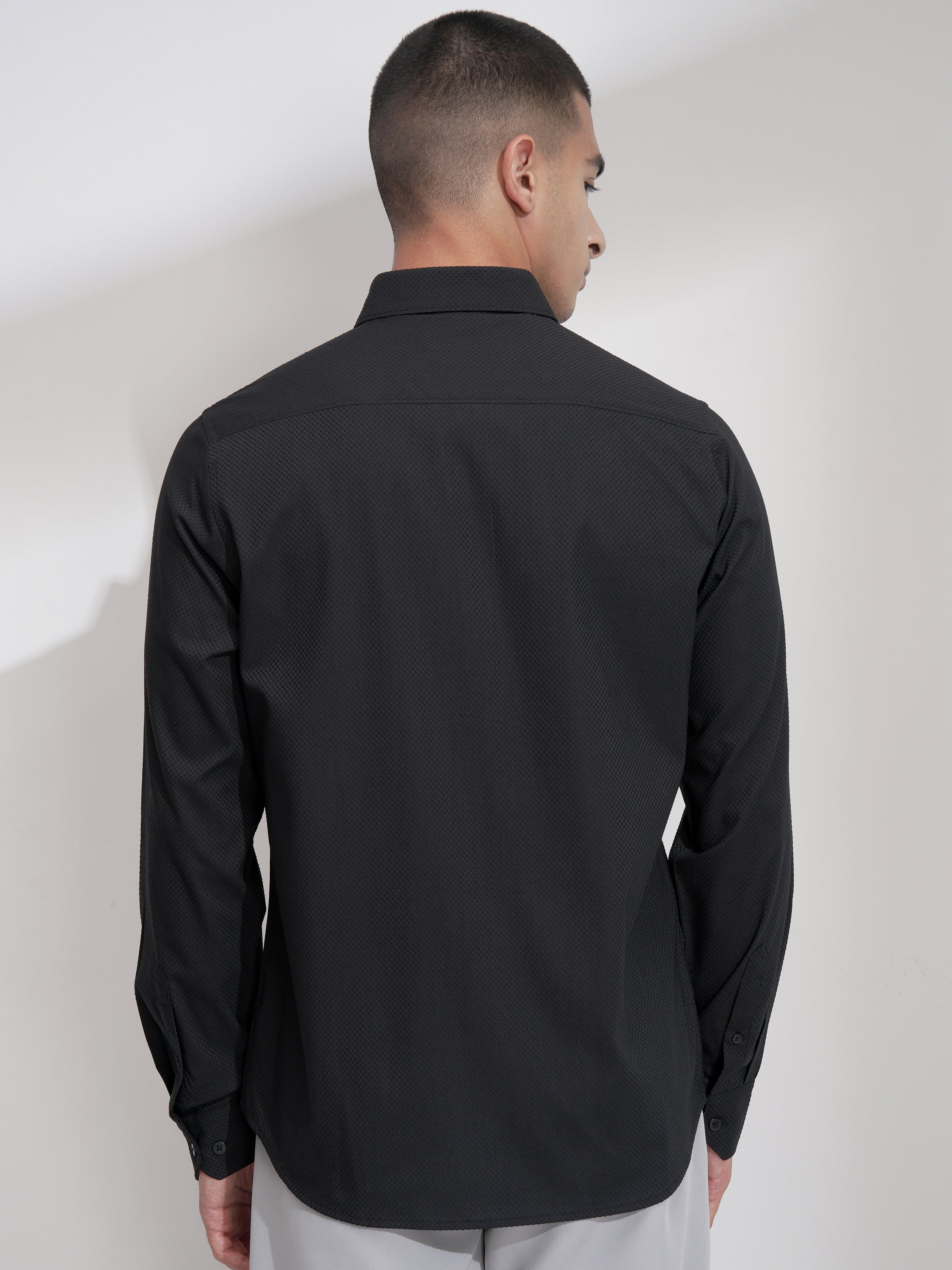 Highlander Men Black Self Design Slim Fit Casual Shirt - Black - Image 3