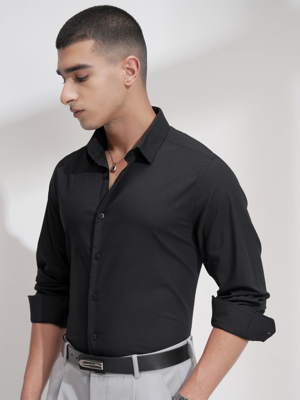Highlander Men Black Self Design Slim Fit Casual Shirt - Black - Image 4