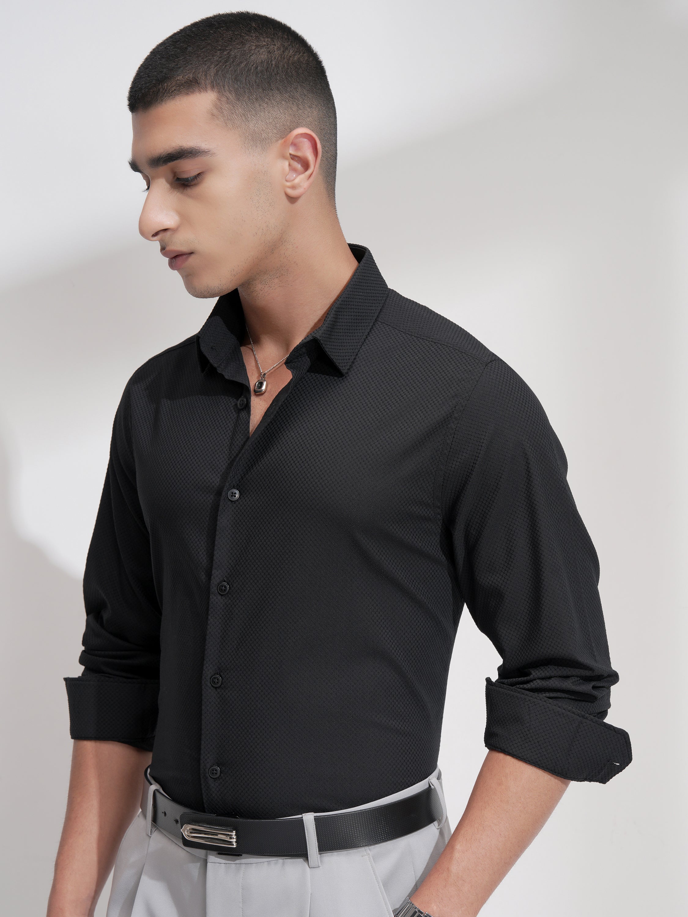 Highlander Men Black Self Design Slim Fit Casual Shirt - Black - Image 4