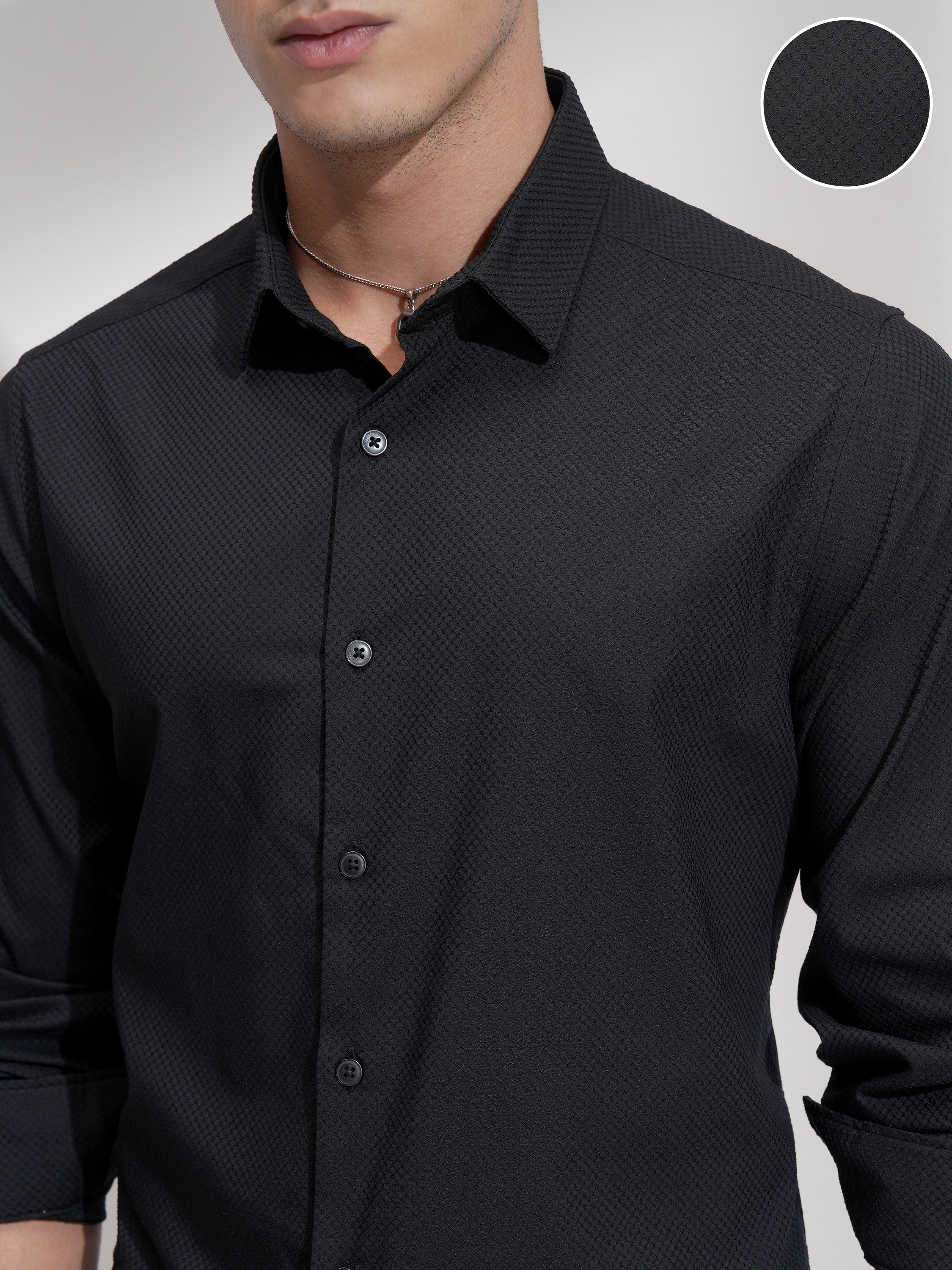 Highlander Men Black Self Design Slim Fit Casual Shirt - Black - Image 5