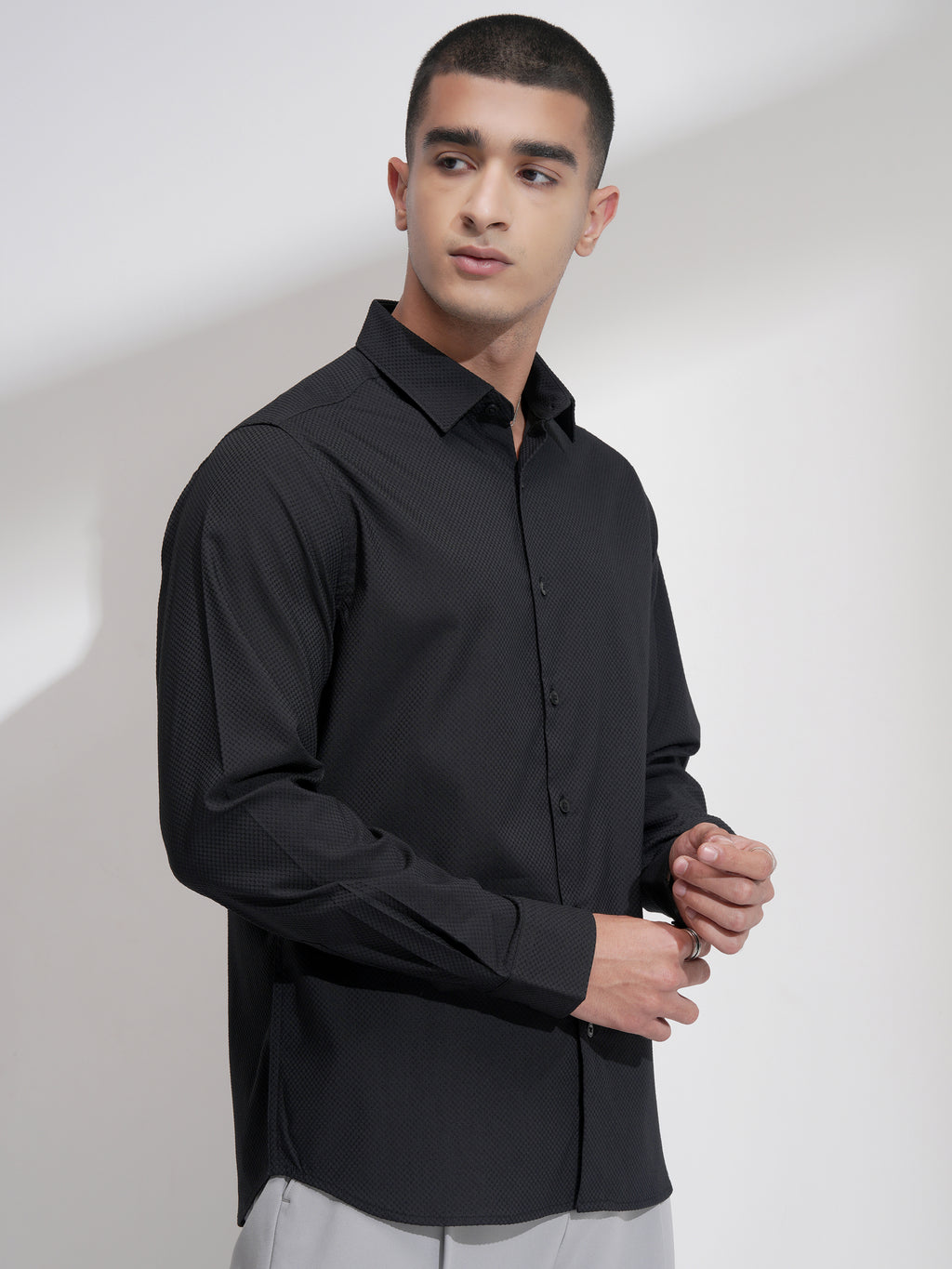 Highlander Men Black Self Design Slim Fit Casual Shirt - Black - Image 6