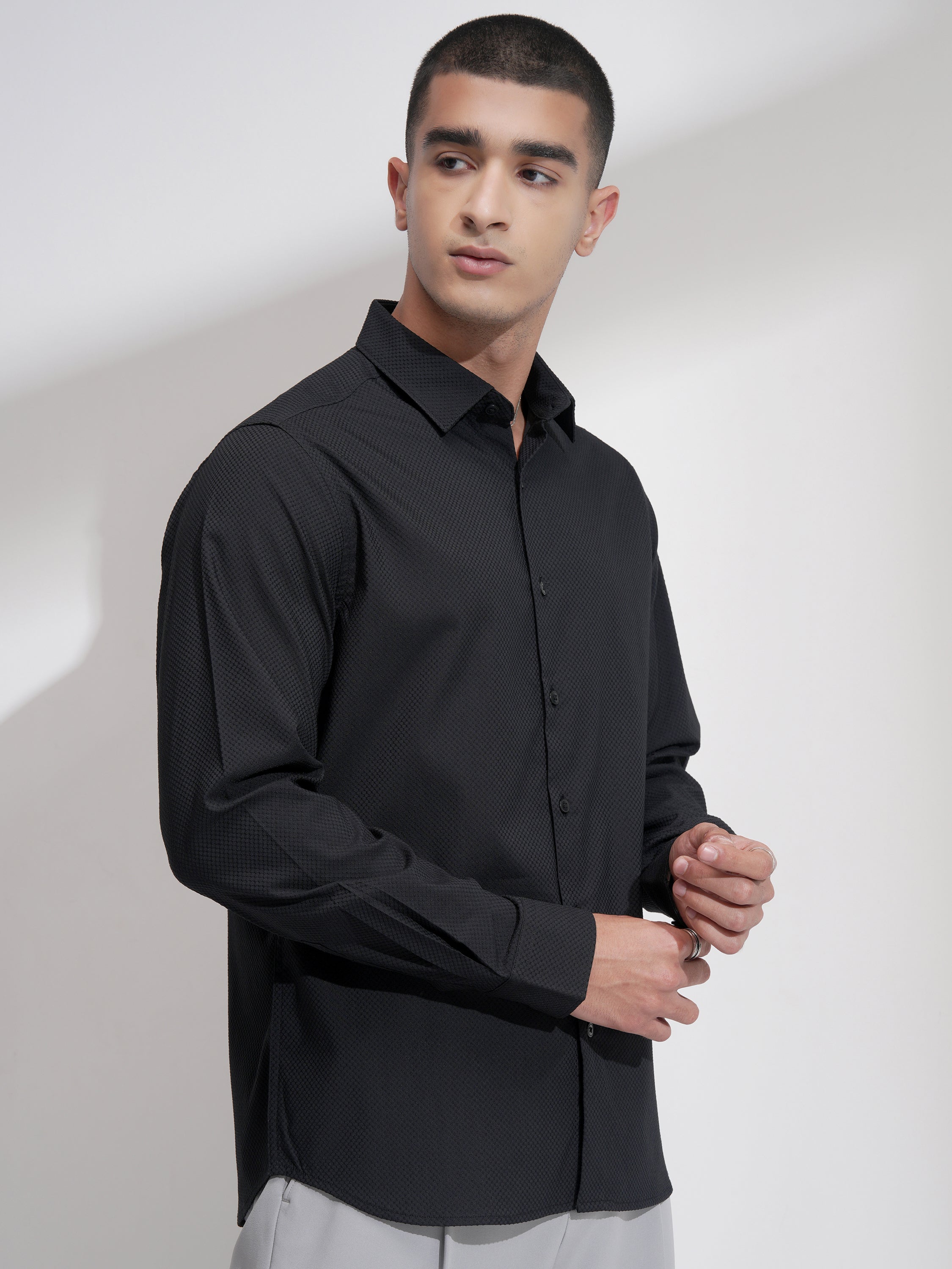 Highlander Men Black Self Design Slim Fit Casual Shirt - Black - Image 6