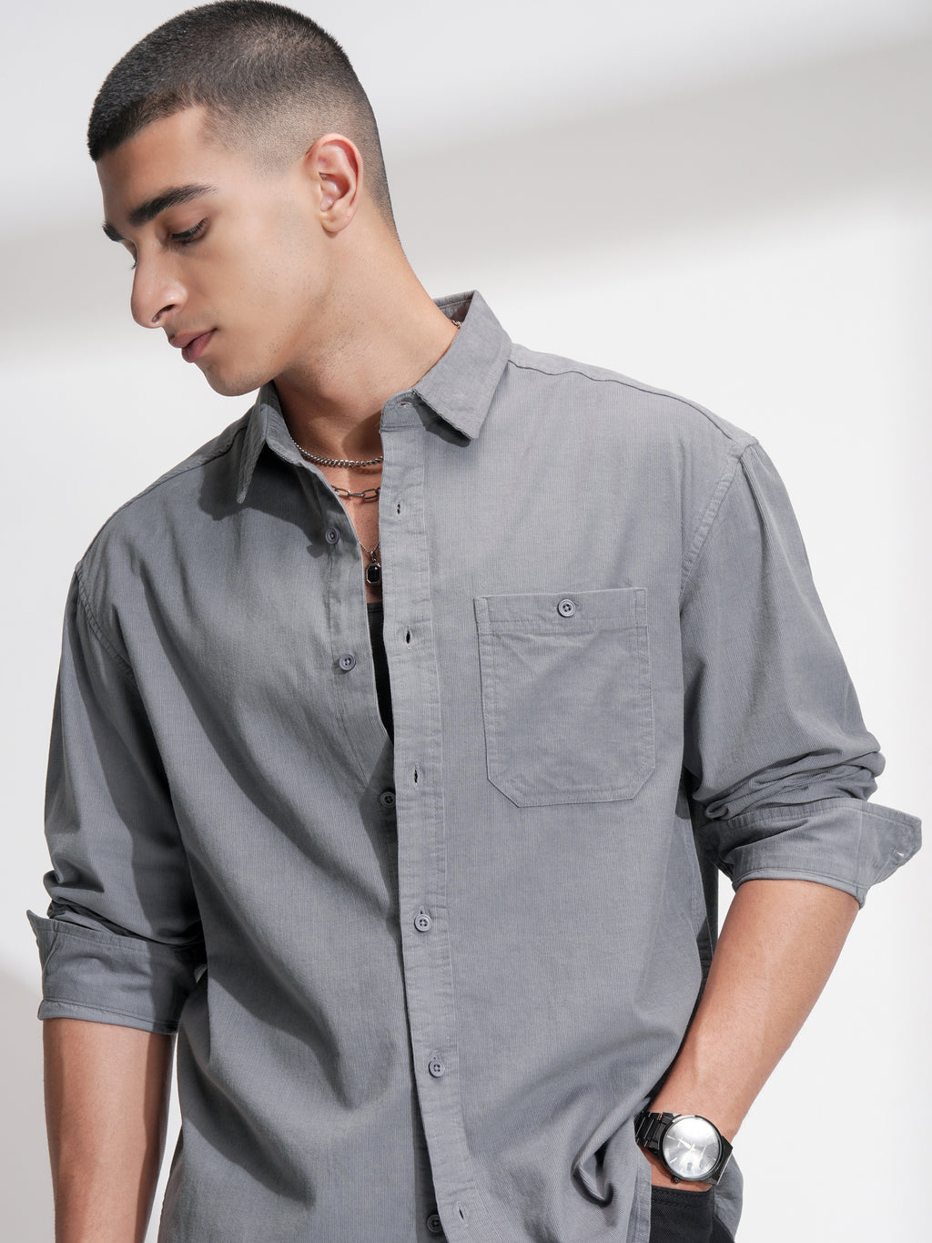 Highlander Men Grey Solid Relaxed Fit Casual Shirt - Grey - Image 1