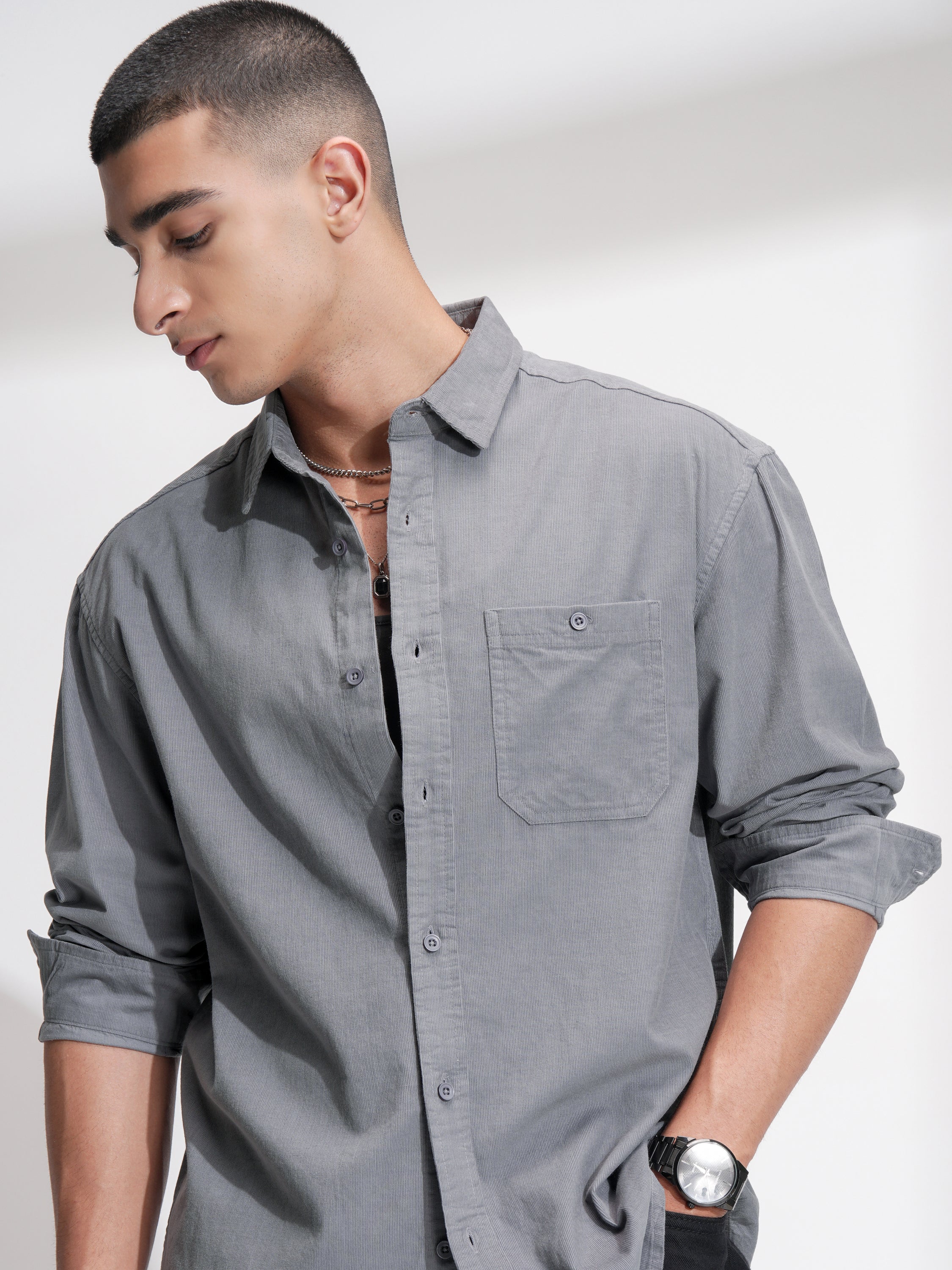 Highlander Men Grey Solid Relaxed Fit Casual Shirt - Grey - Image 1