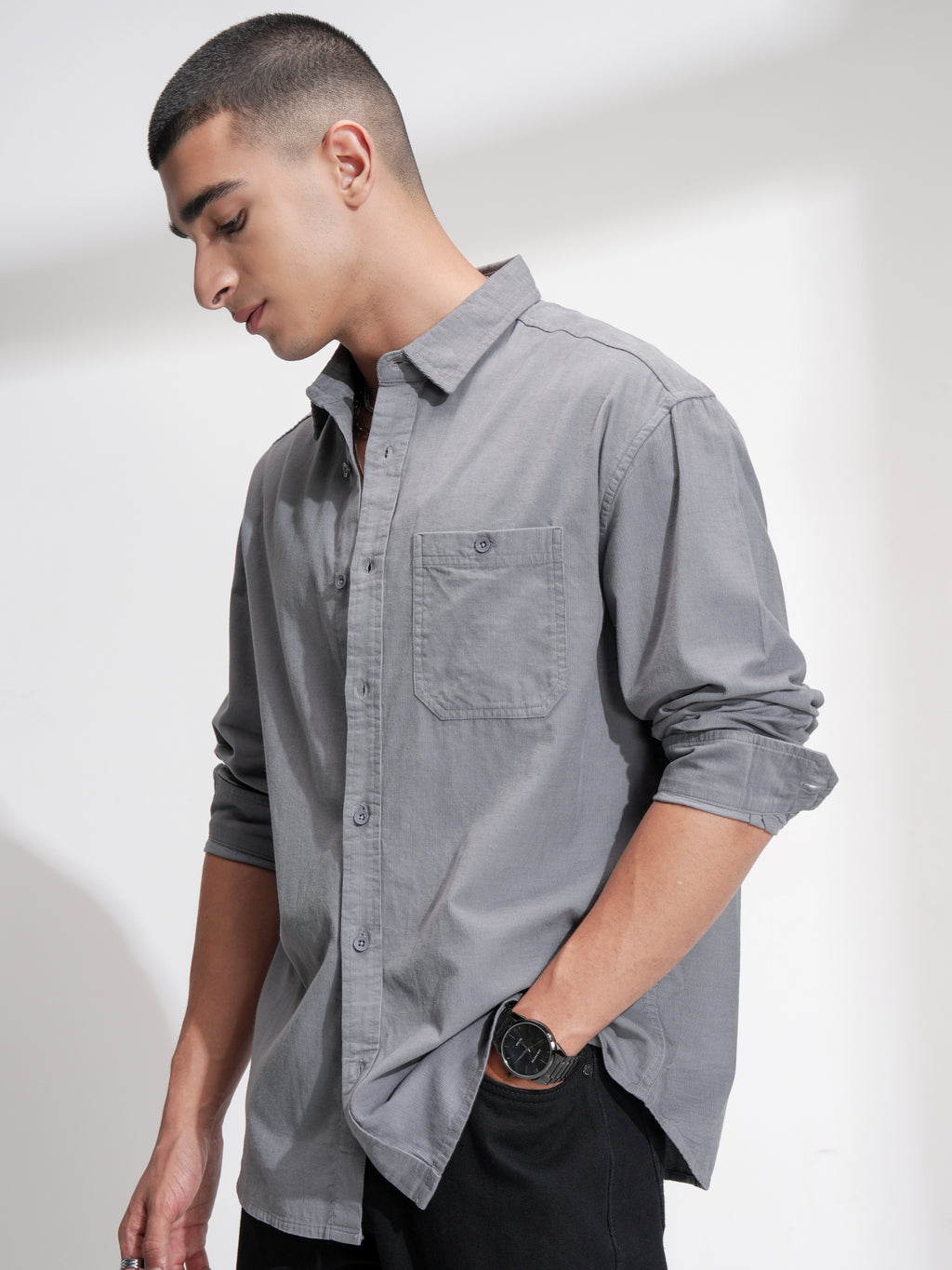 Highlander Men Grey Solid Relaxed Fit Casual Shirt - Grey - Image 4