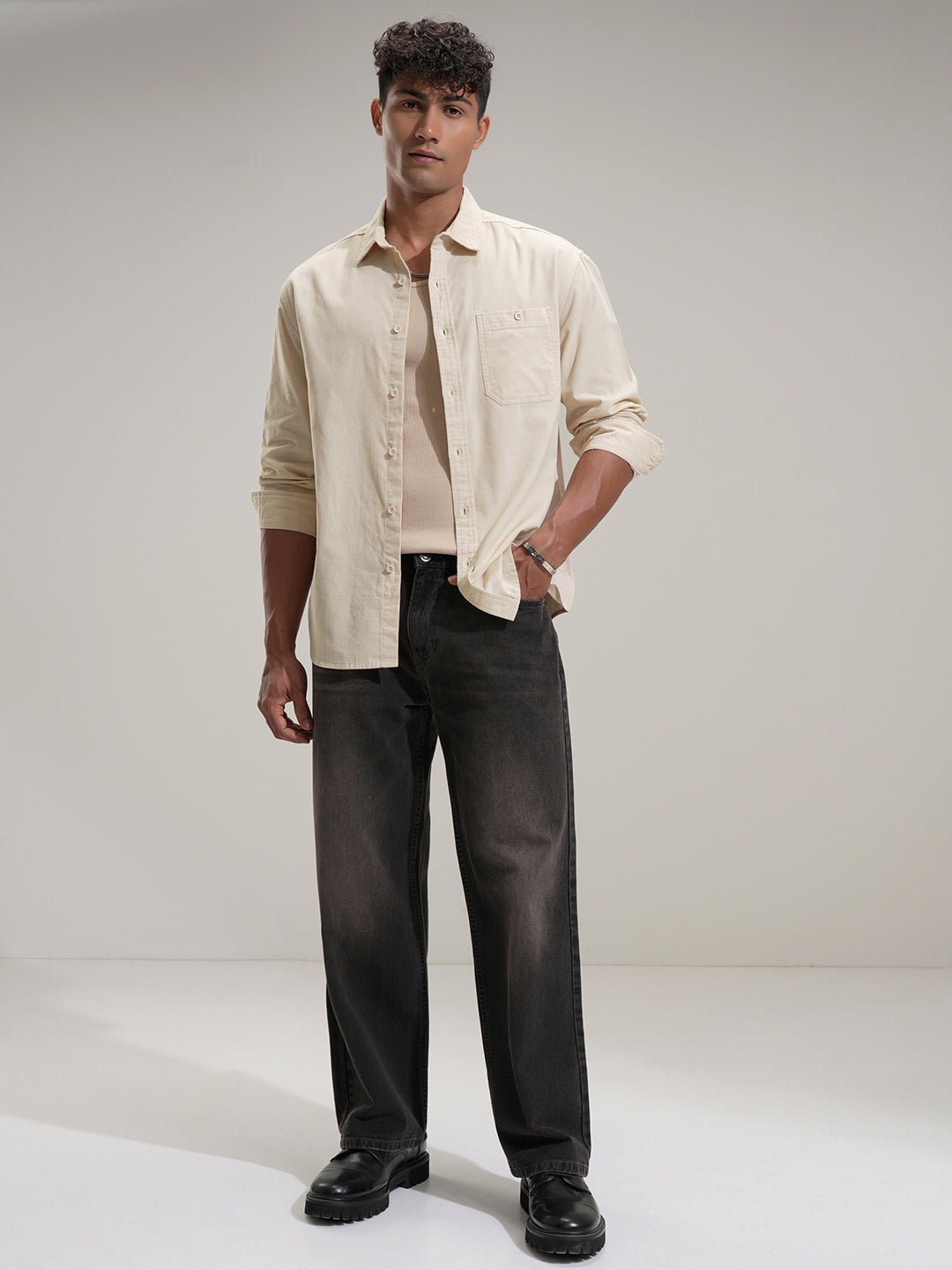 Highlander Men Cream Self Design Relaxed Fit Casual Shirt - Cream - Image 2