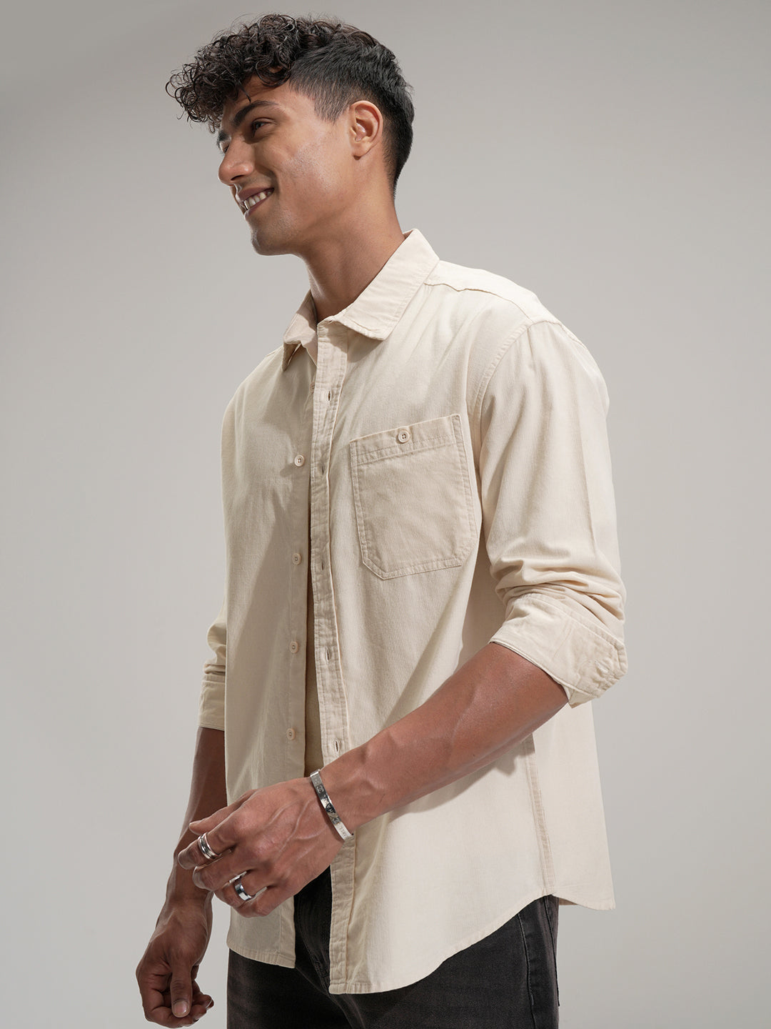 Highlander Men Cream Self Design Relaxed Fit Casual Shirt - Cream - Image 4