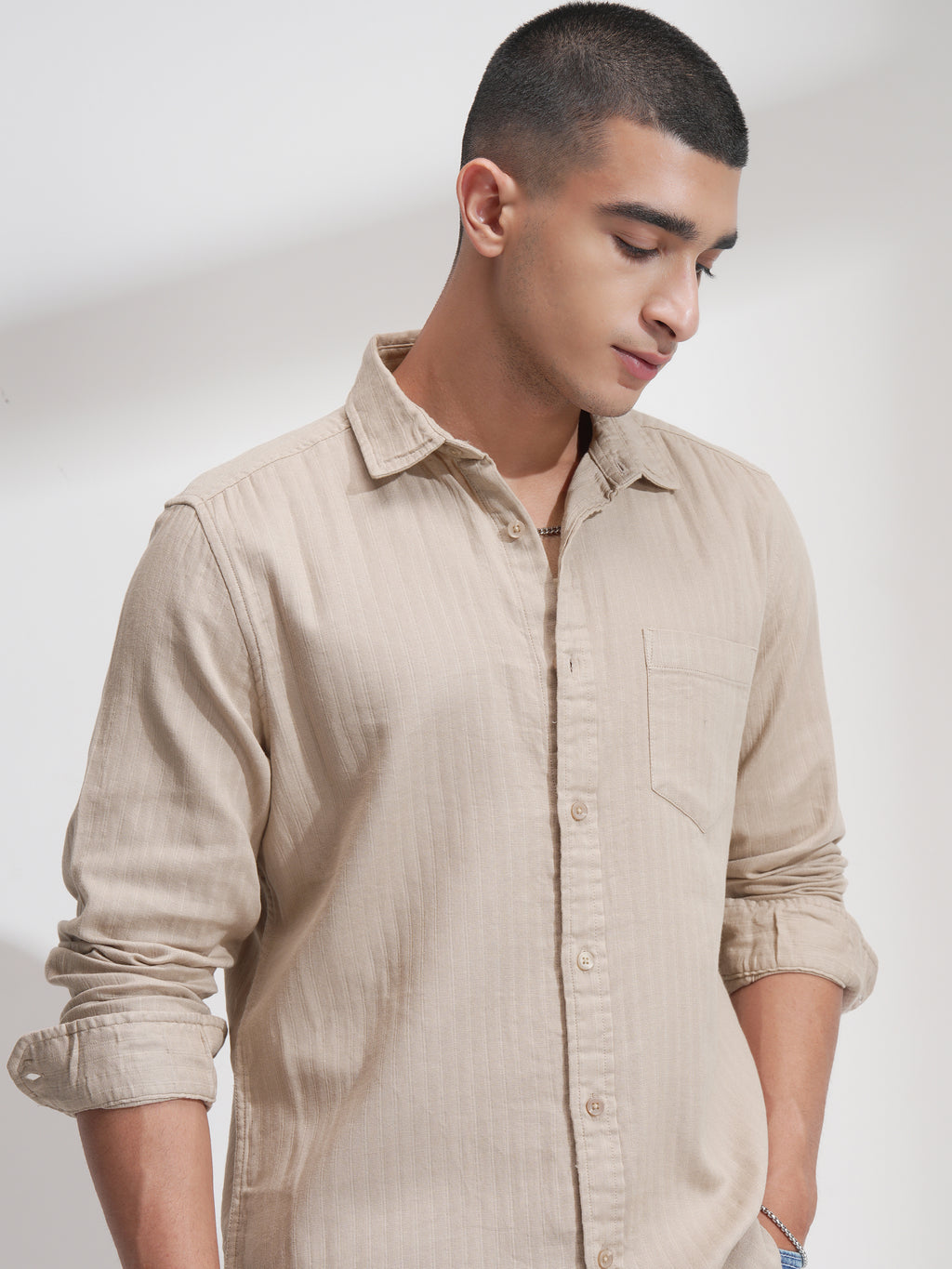 Highlander Men Beige Self Design Relaxed Fit Casual Shirt - Beige - Image 1
