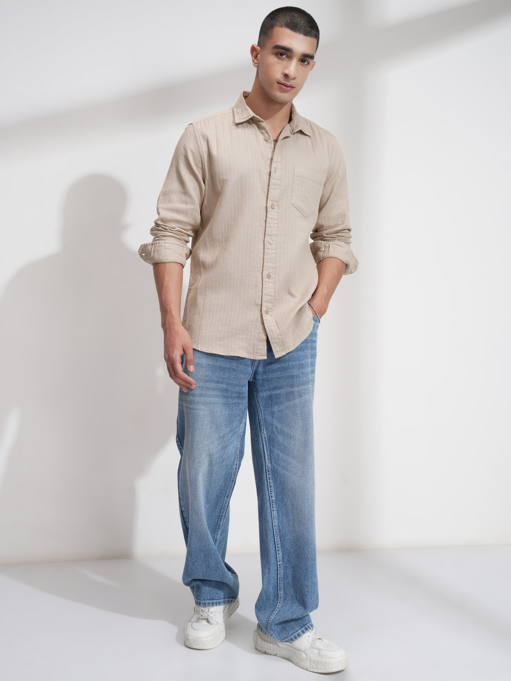 Highlander Men Beige Self Design Relaxed Fit Casual Shirt - Beige - Image 2