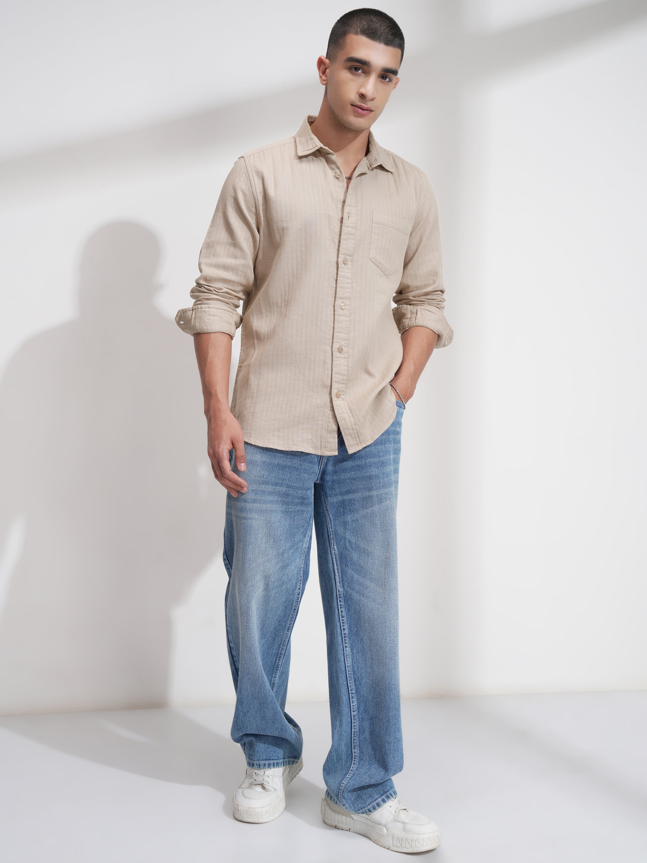 Highlander Men Beige Self Design Relaxed Fit Casual Shirt - Beige - Image 2