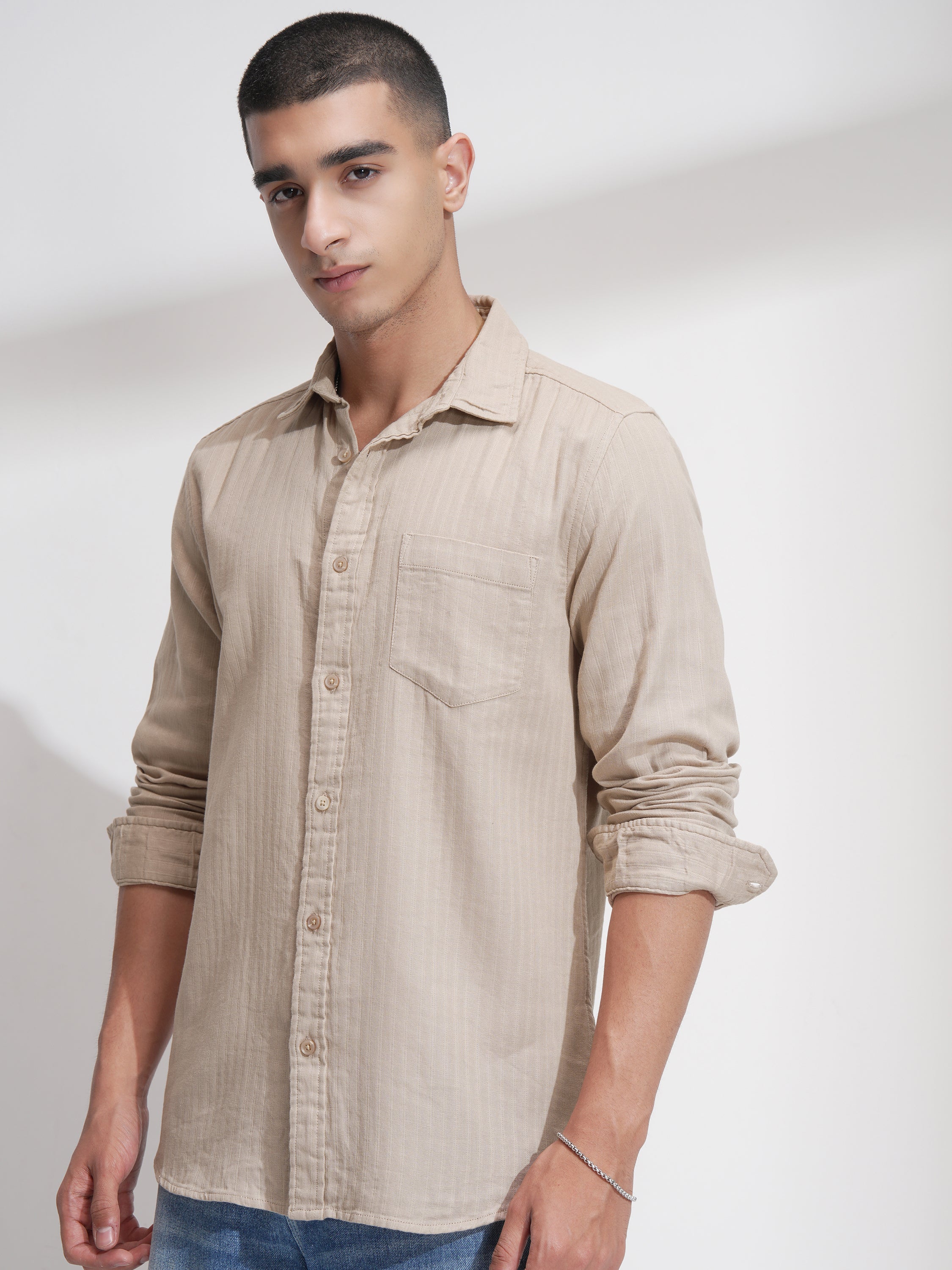 Highlander Men Beige Self Design Relaxed Fit Casual Shirt - Beige - Image 4