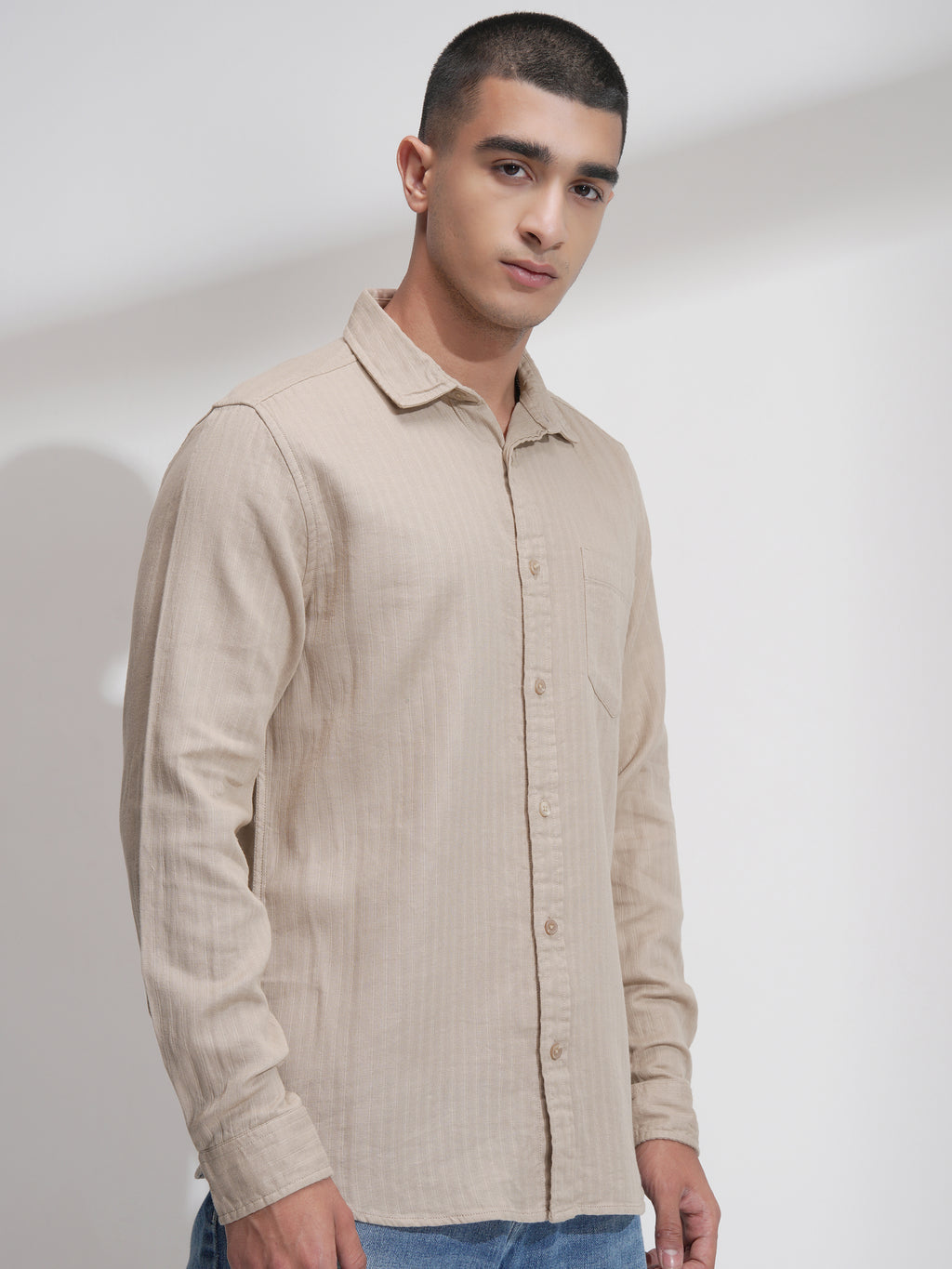 Highlander Men Beige Self Design Relaxed Fit Casual Shirt - Beige - Image 6
