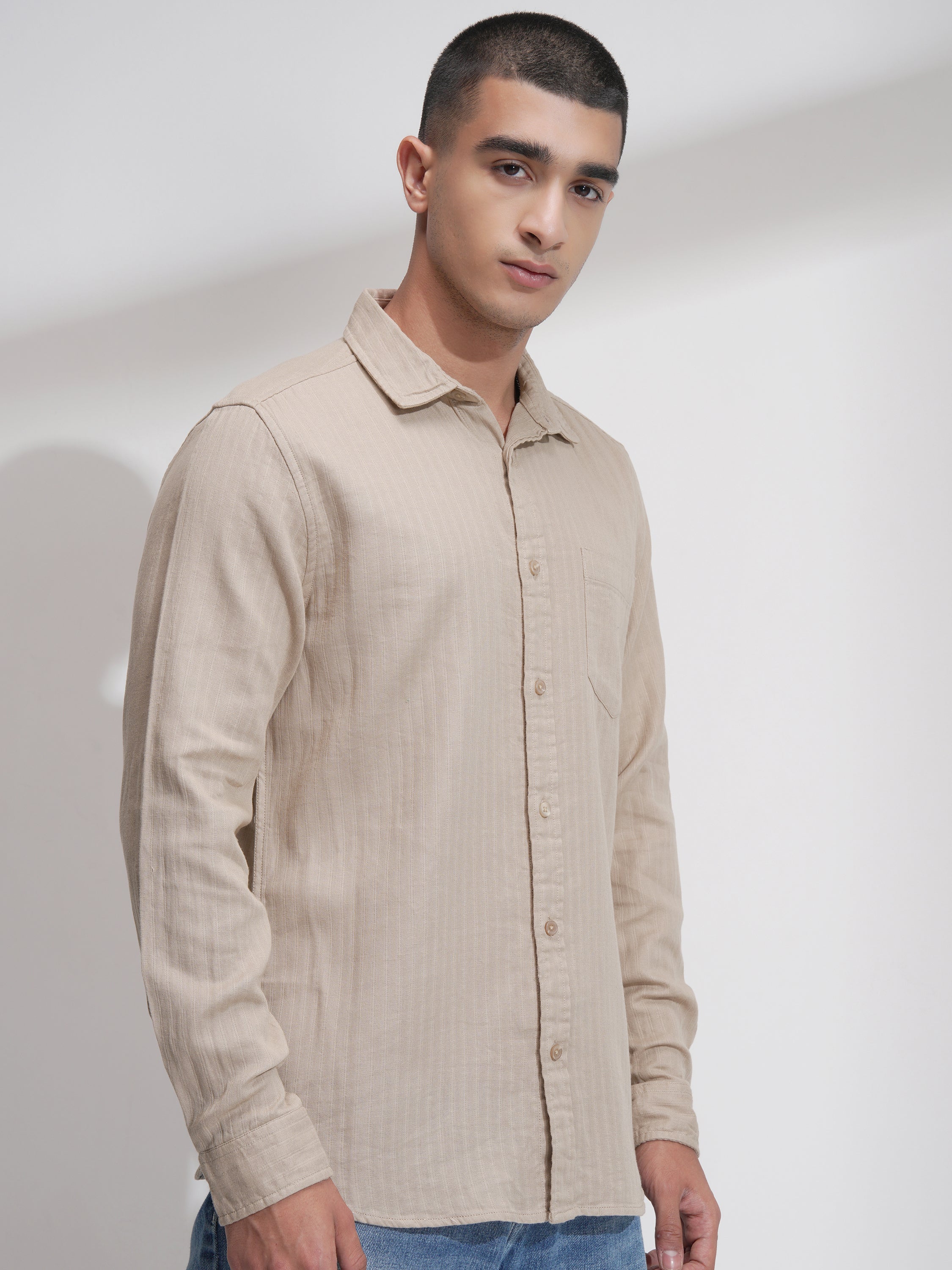 Highlander Men Beige Self Design Relaxed Fit Casual Shirt - Beige - Image 6
